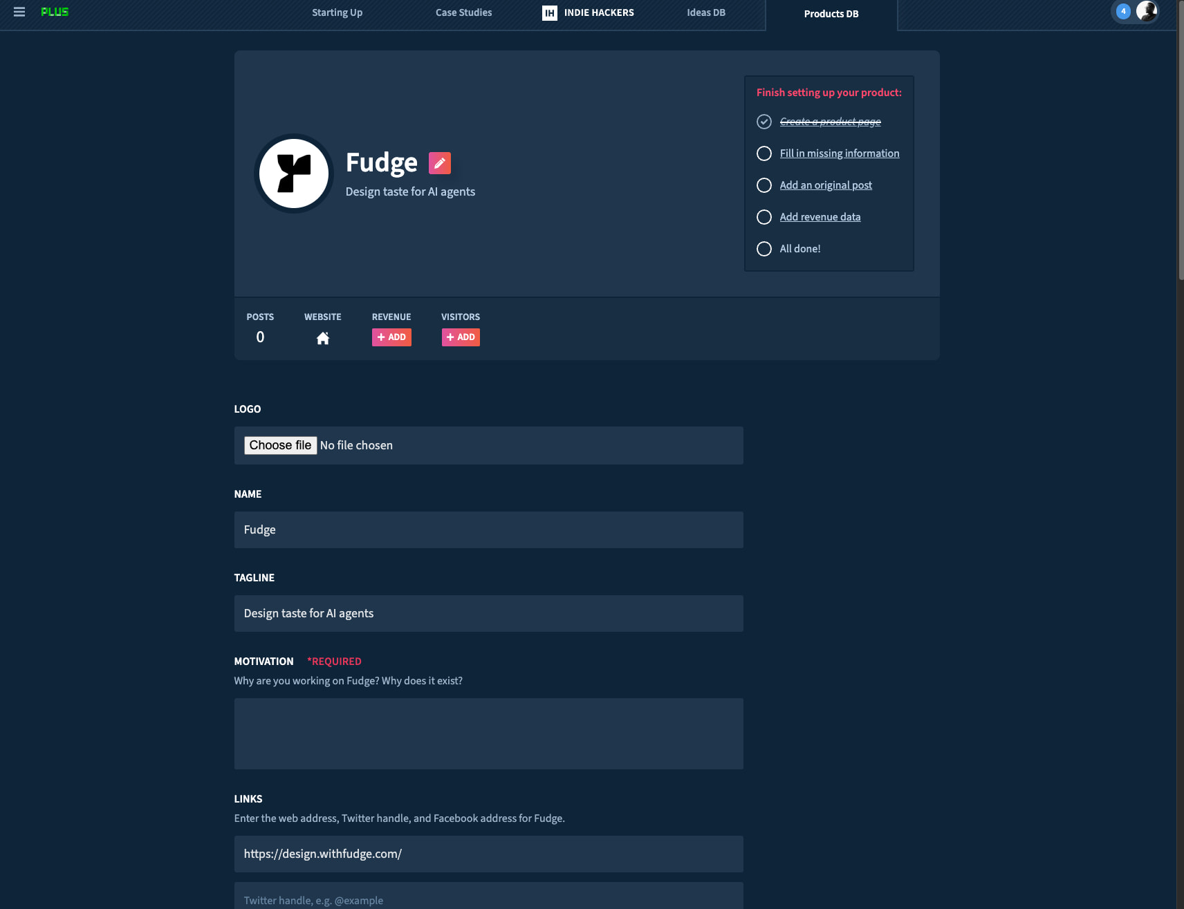Fudge - Indie Hackers captured website design