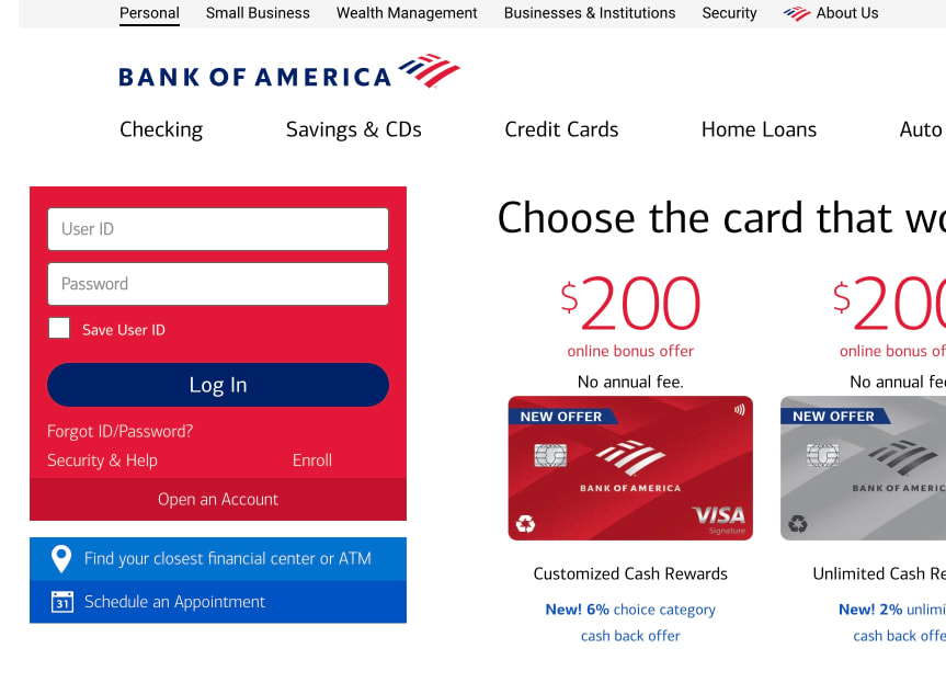 Bank of America - Banking, Credit Cards, Loans and Merrill Investing captured website design