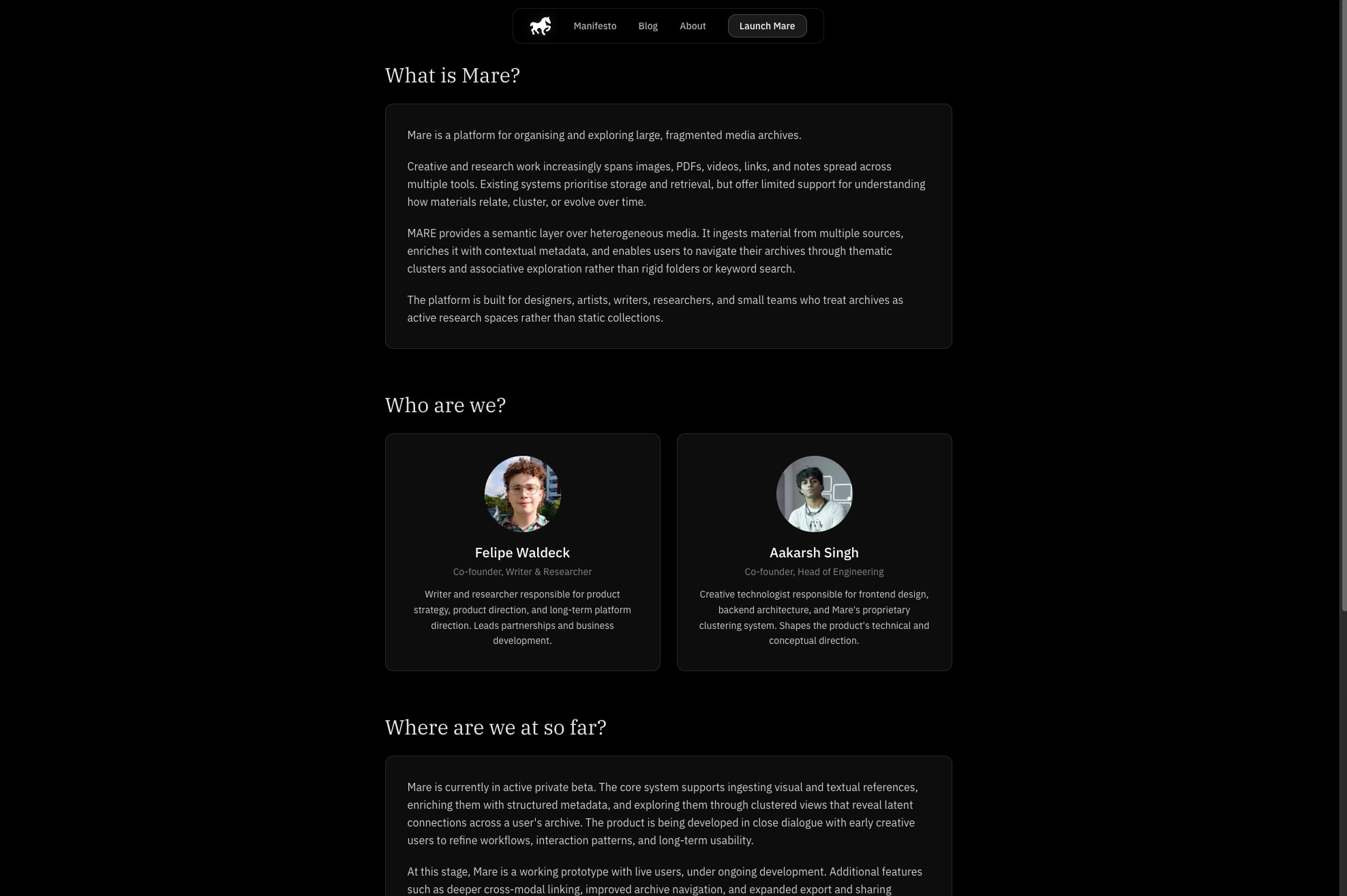 About | Mare captured website design