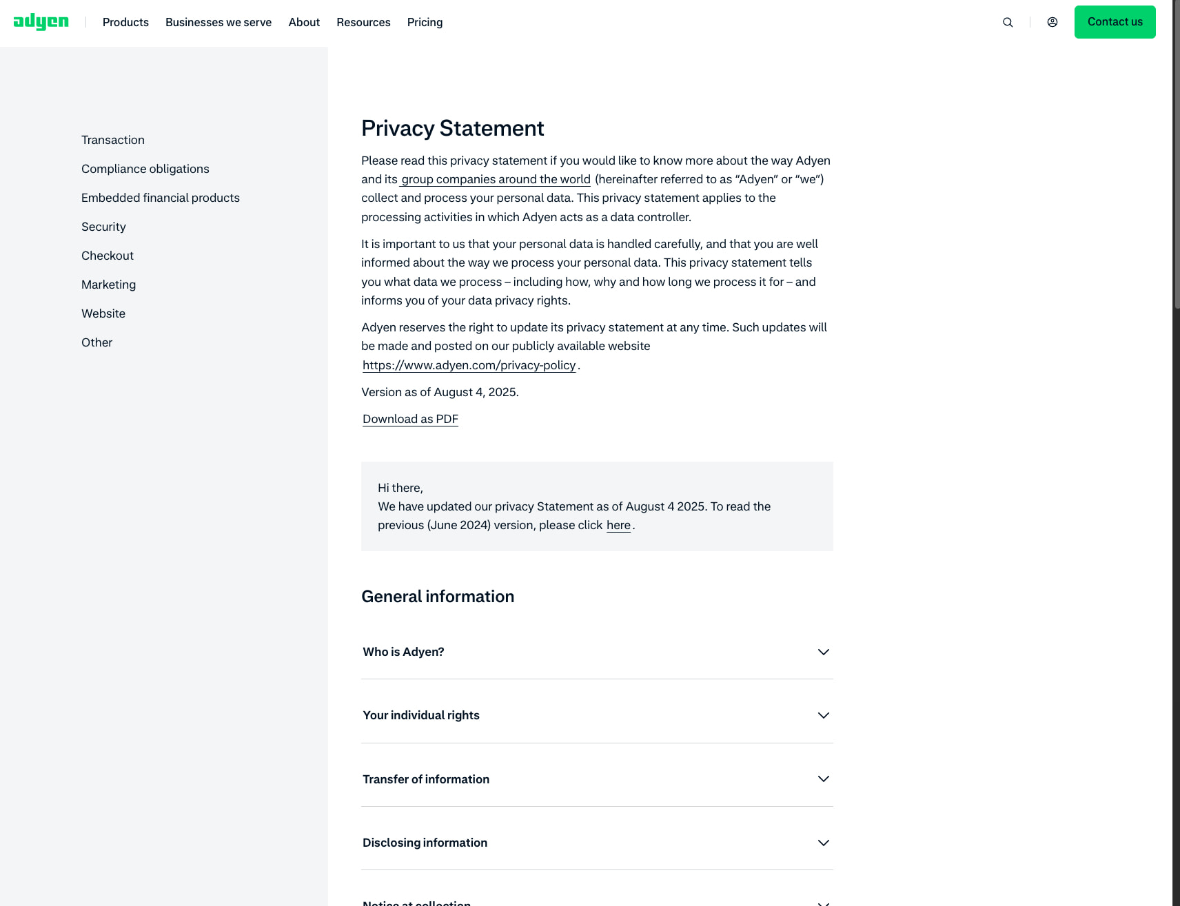 Privacy statement on personal data processing - Adyen captured website design