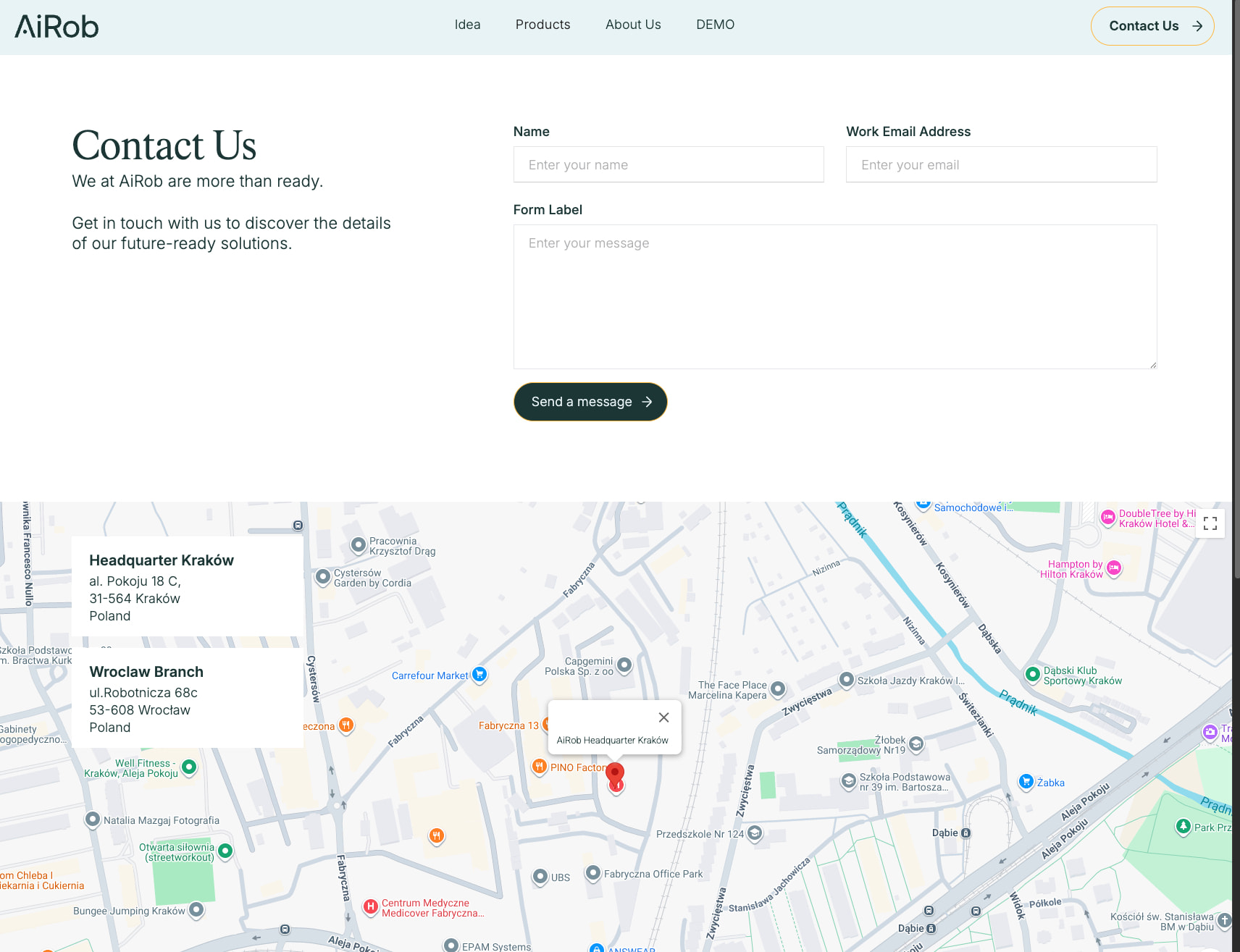 Airob Contact Us | Self-Learning Factory Robots captured website design