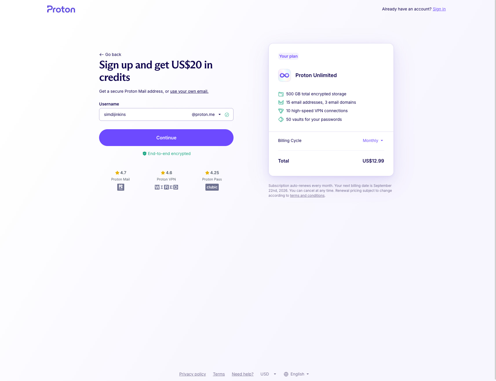 Join Proton and get US$20 in credits captured website design
