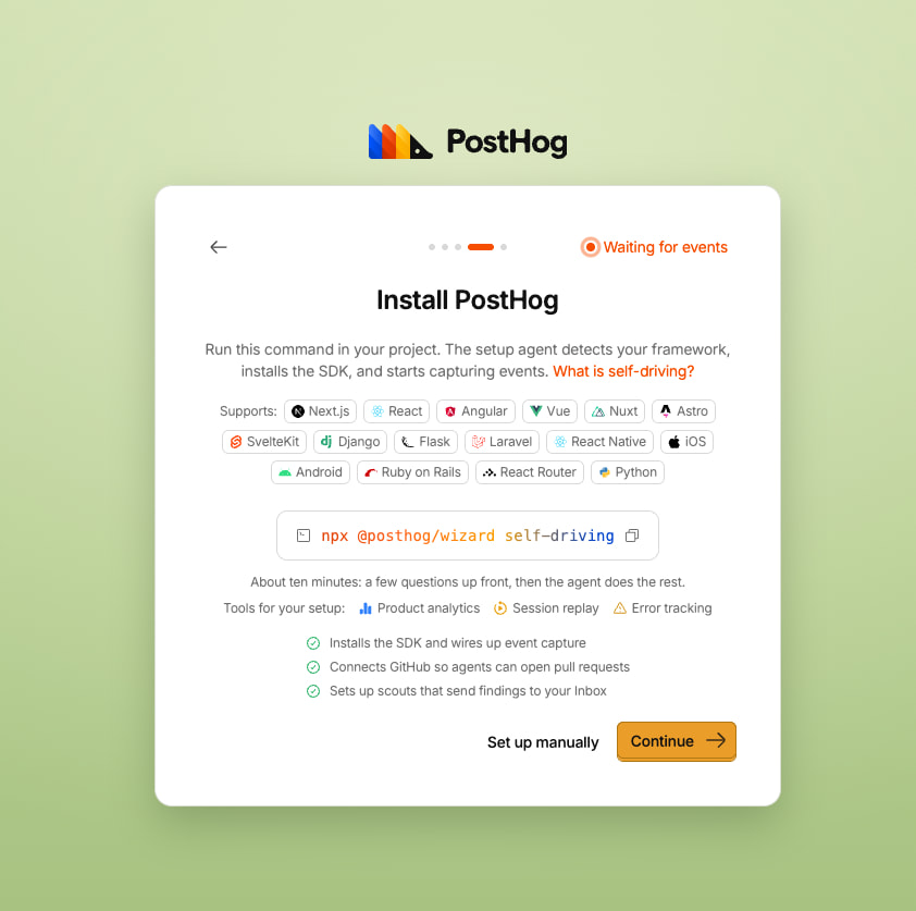Install • Product Analytics • PostHog captured website design