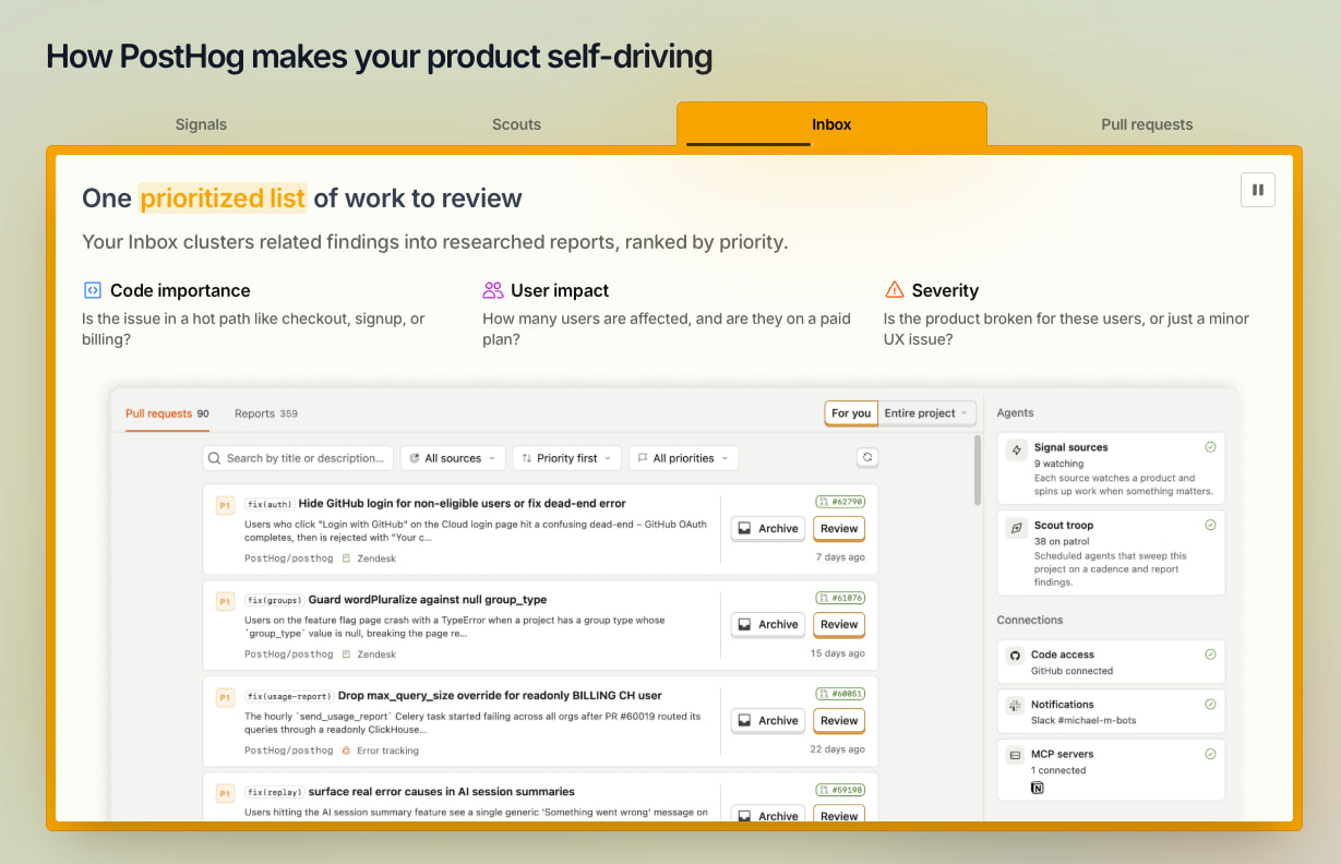 PostHog self-driving captured website design
