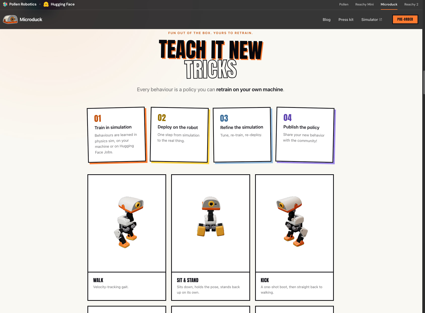 Microduck - A tiny biped robot you can teach new tricks | Pollen Robotics captured website design