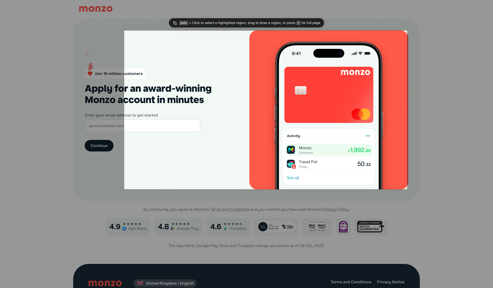 Sign Up for Monzo captured website design