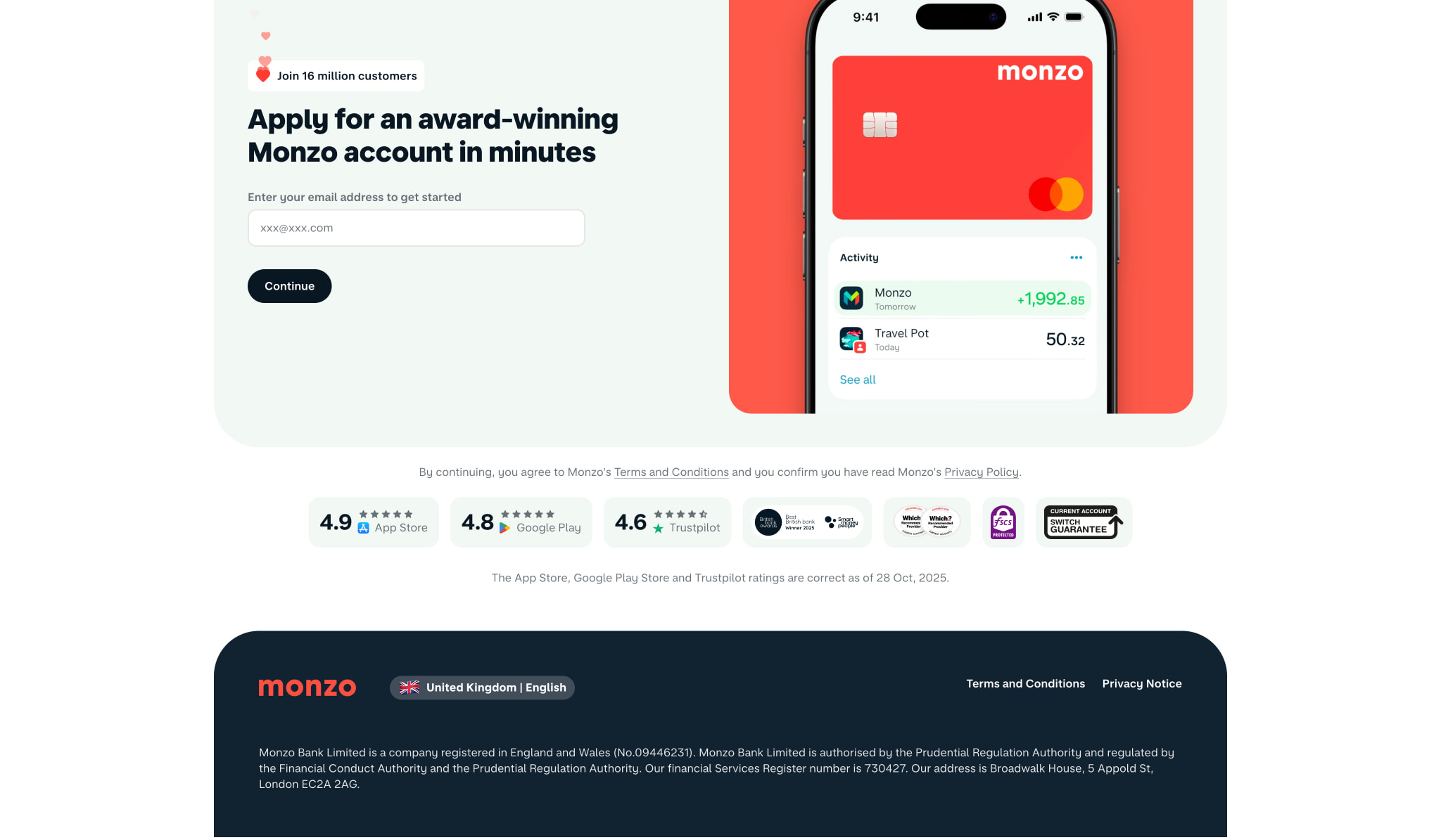 Sign Up for Monzo captured website design