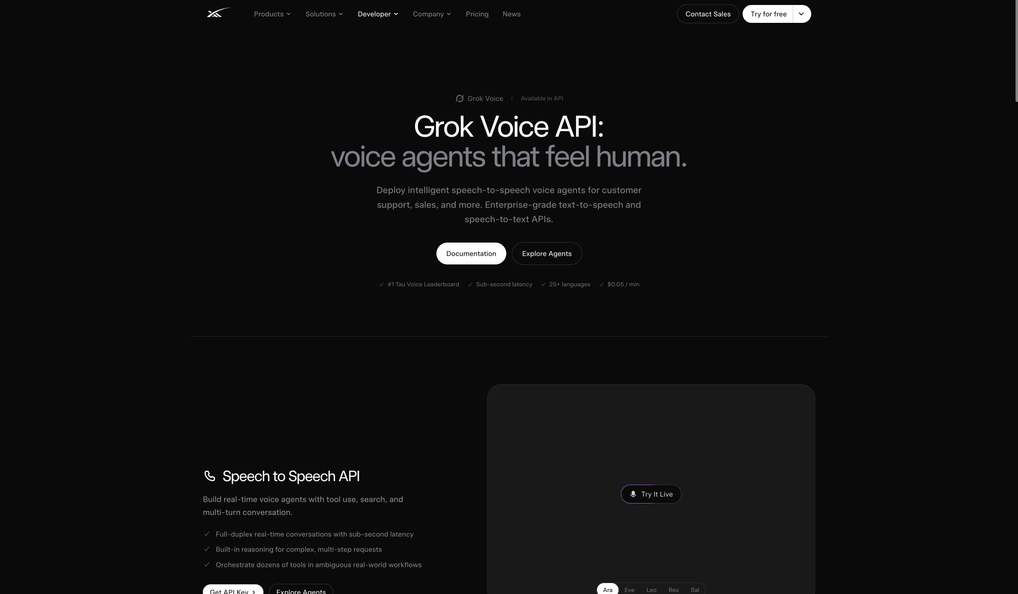 Grok Voice API: Voice Agents, TTS & STT | SpaceXAI captured website design