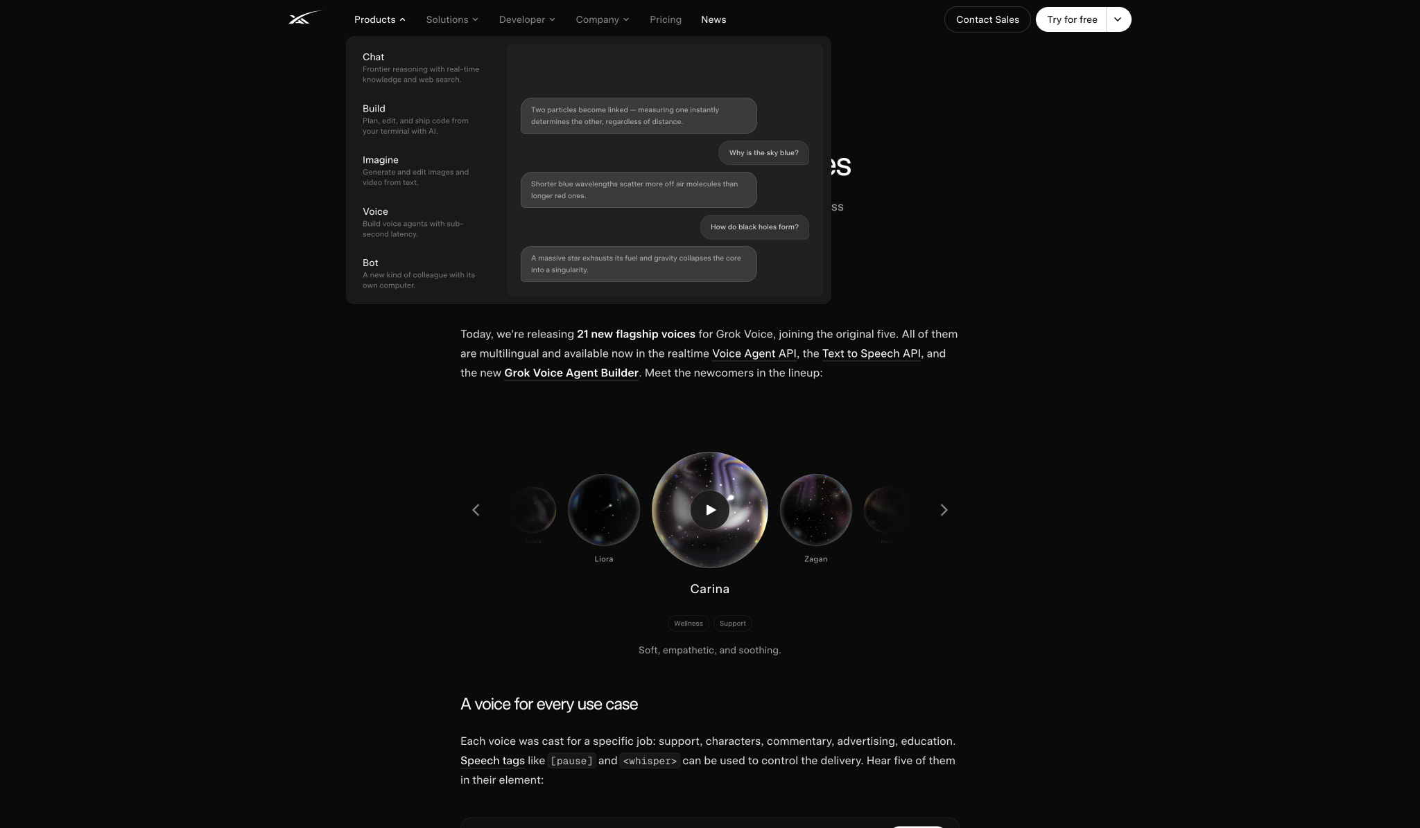 21 New Flagship Grok Voices | SpaceXAI captured website design