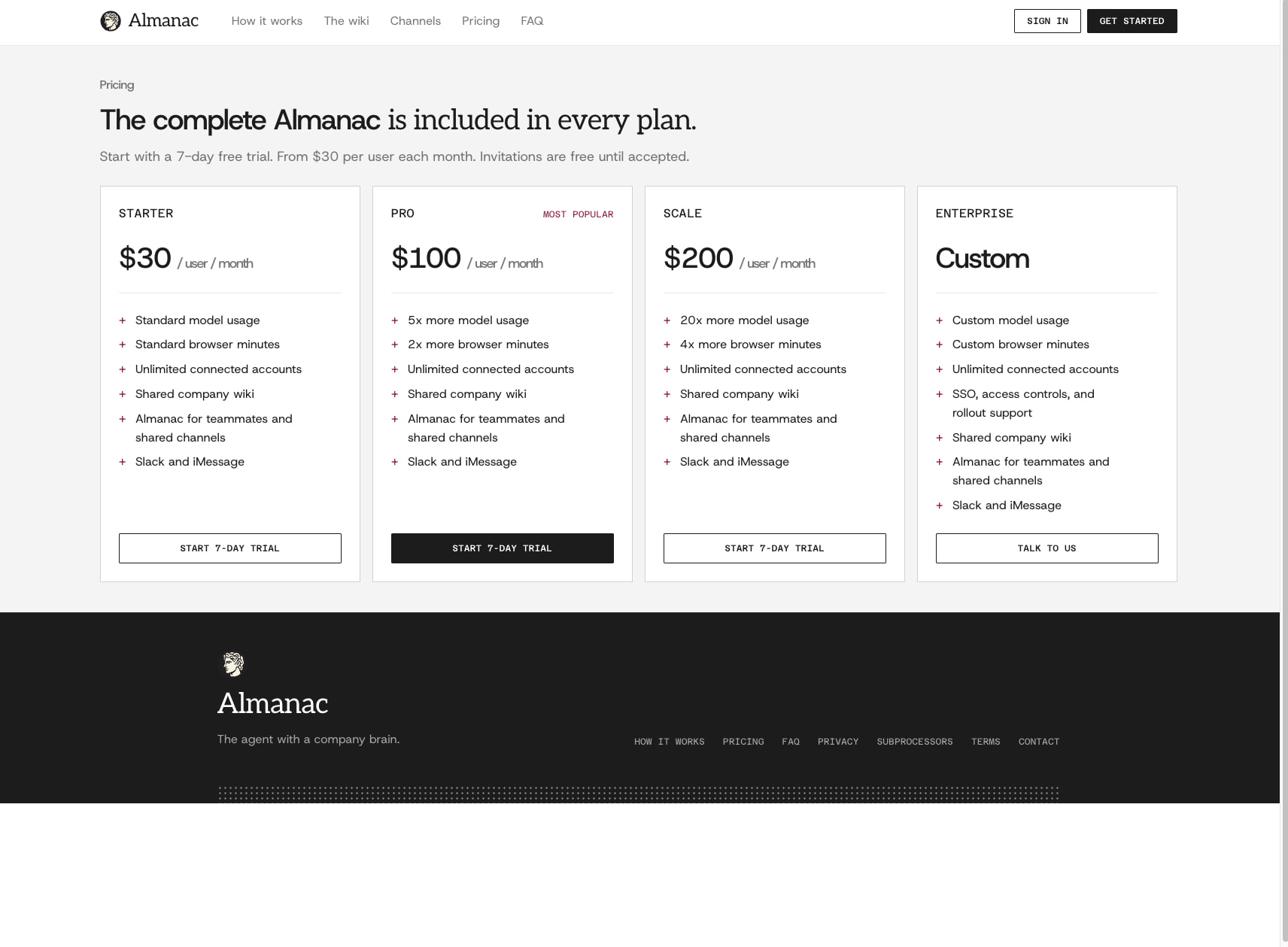 Pricing — Almanac captured website design