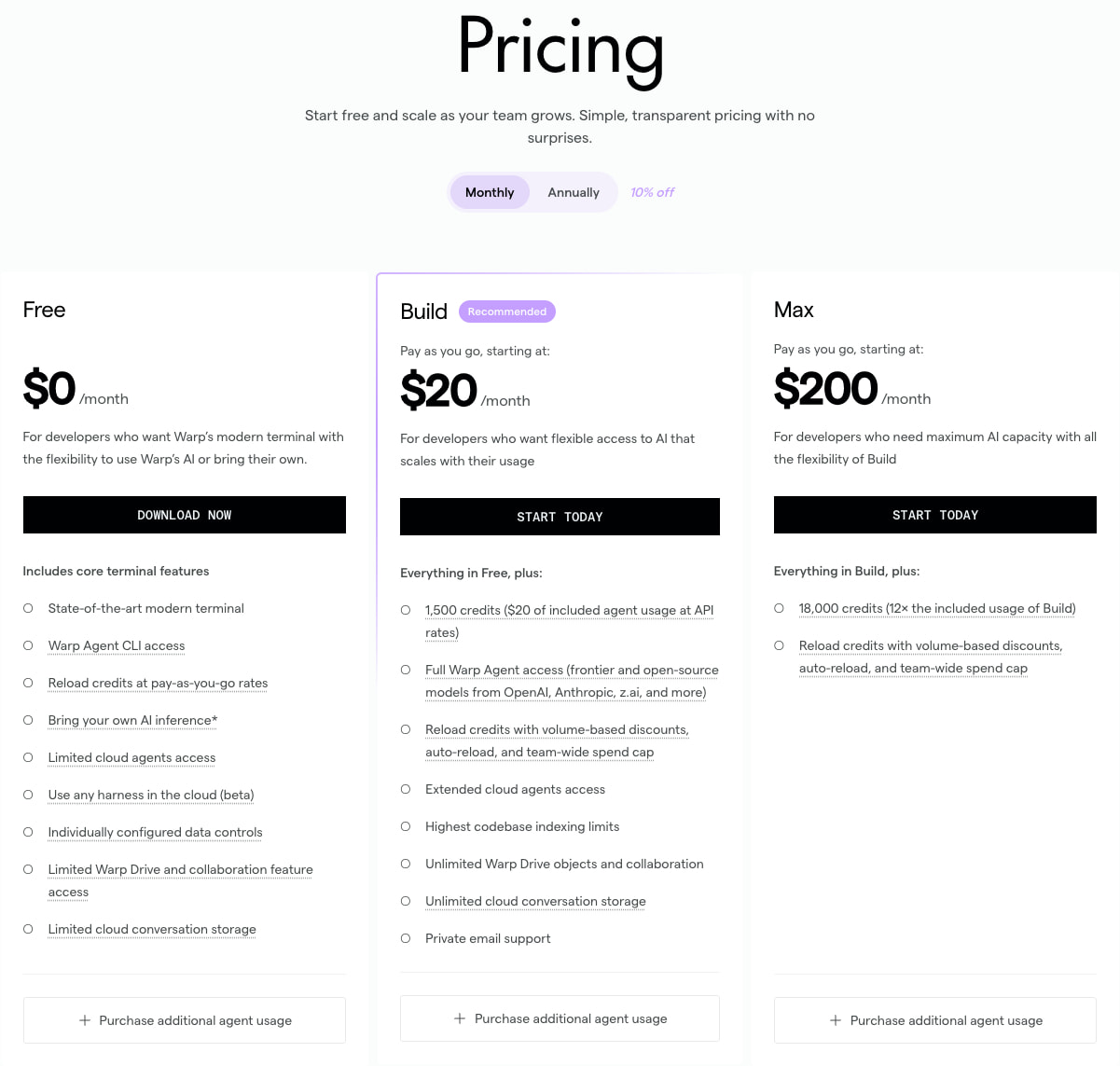 Pricing | Warp captured website design
