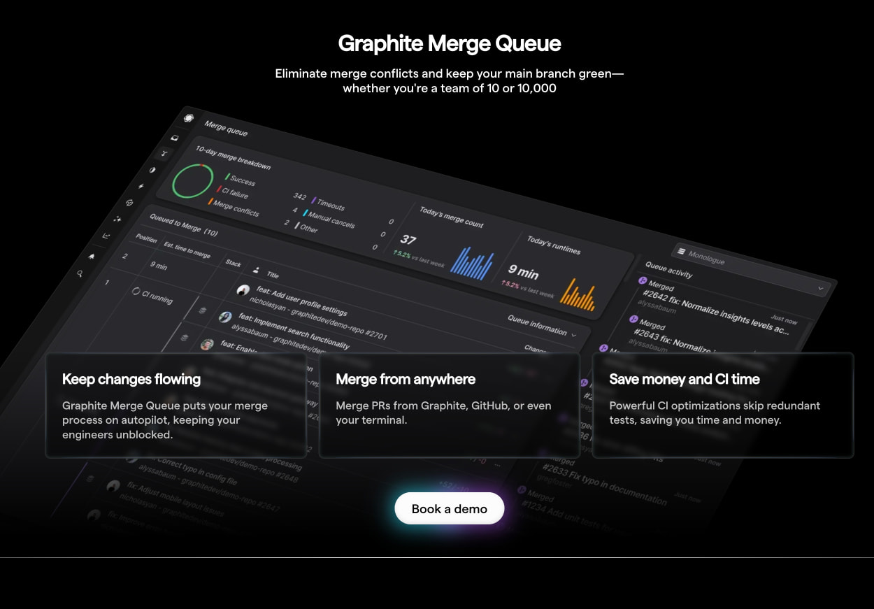 Graphite Merge Queue feature with a tilted product screenshot, three translucent glassmorphism benefit cards, and a centered pill-shaped CTA with cyan-purple glow. captured website design