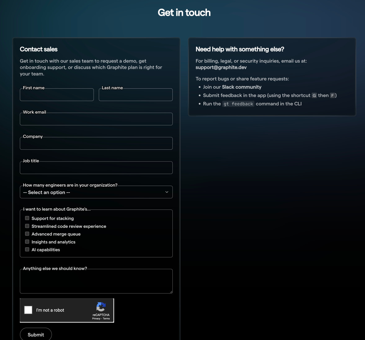 Contact page with dark gradient background, two-column layout containing a sales form with floating labels and a support information panel with monospace command references. captured website design