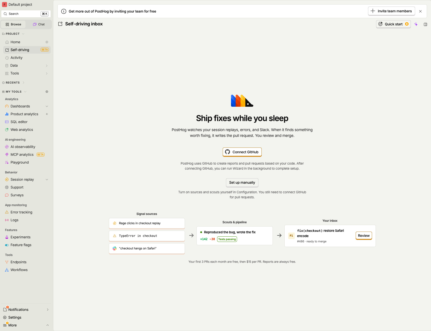 Self-driving inbox • PostHog captured website design