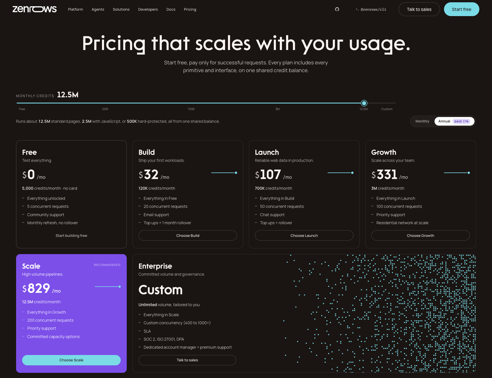 Pricing · Zenrows. From first agent to enterprise scale. captured website design