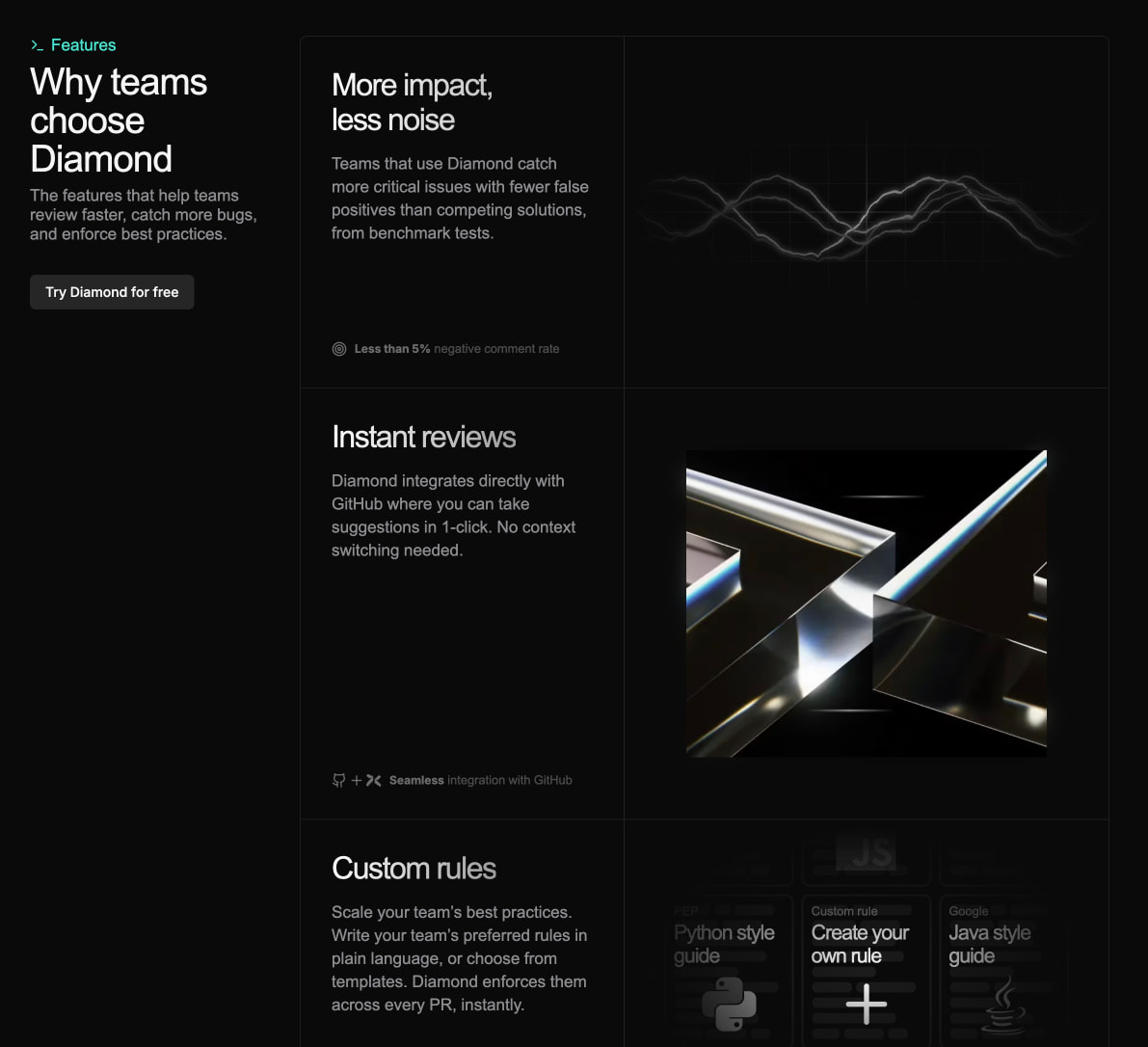 Diamond - agentic AI code review captured website design