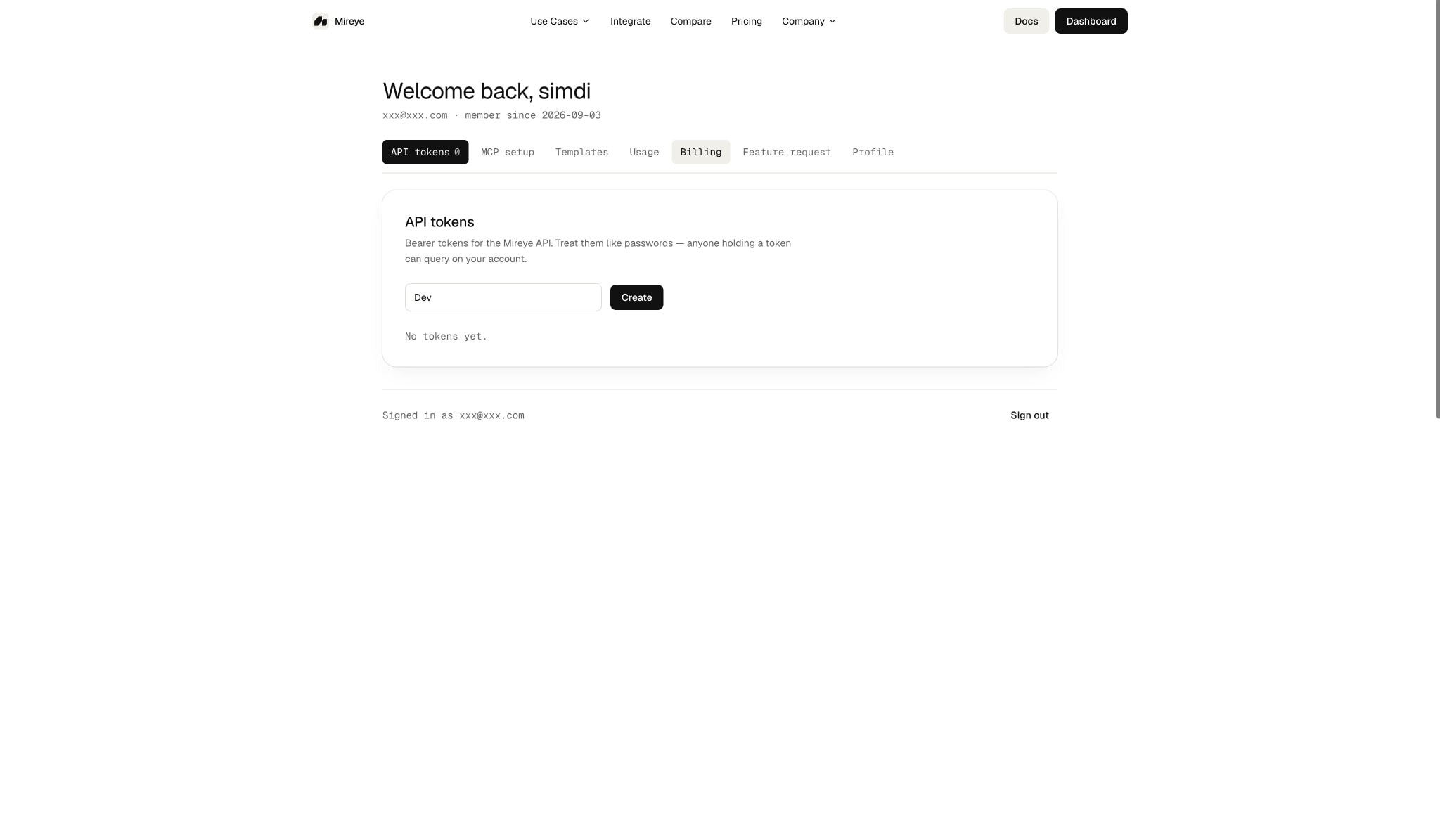 Account — Mireye captured website design