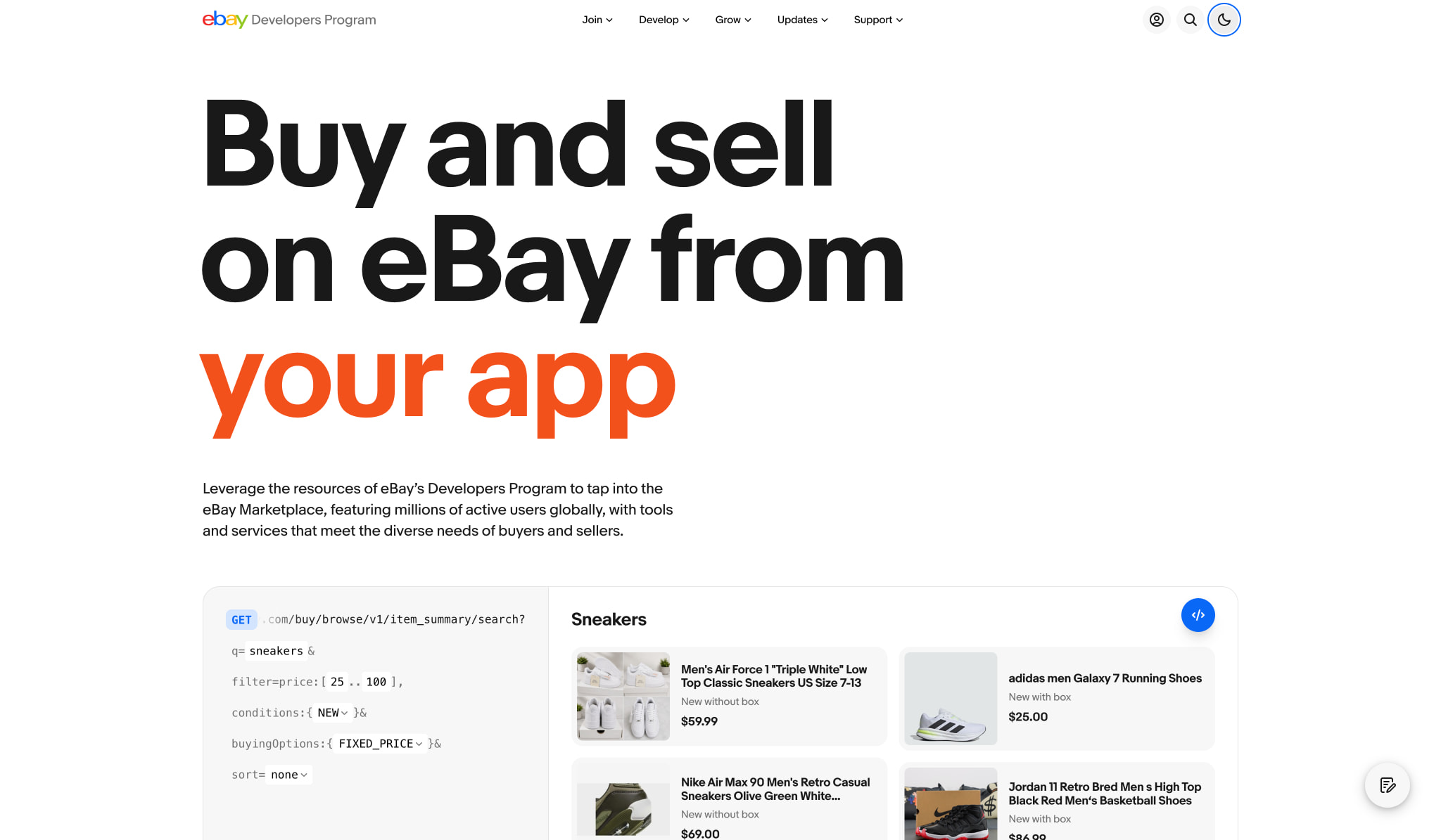 eBay Developers Program captured website design