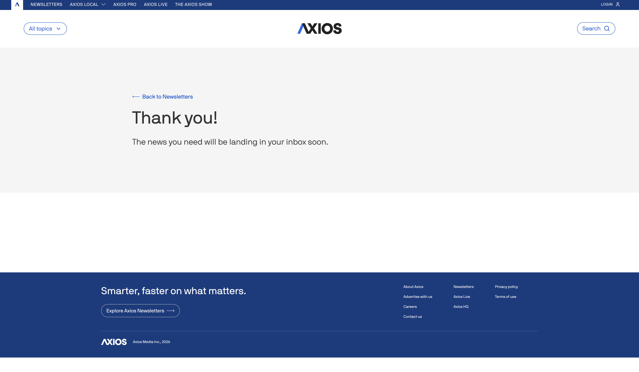 Axios - Newsletter Signup Confirmation captured website design
