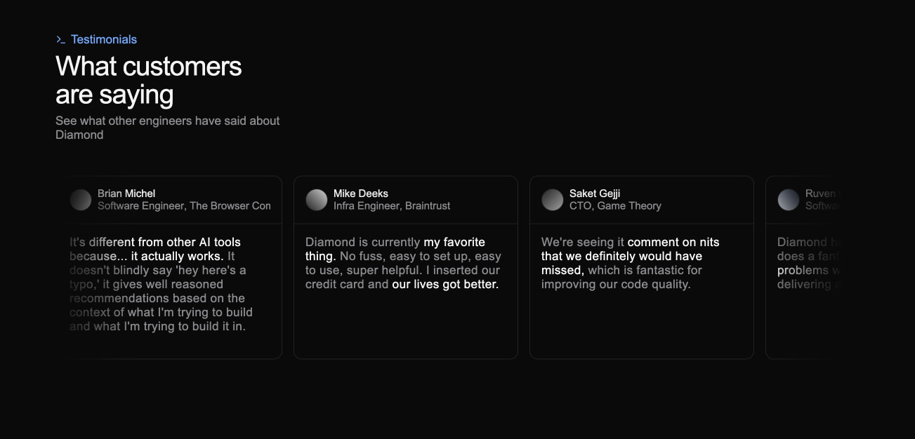 Diamond - agentic AI code review captured website design