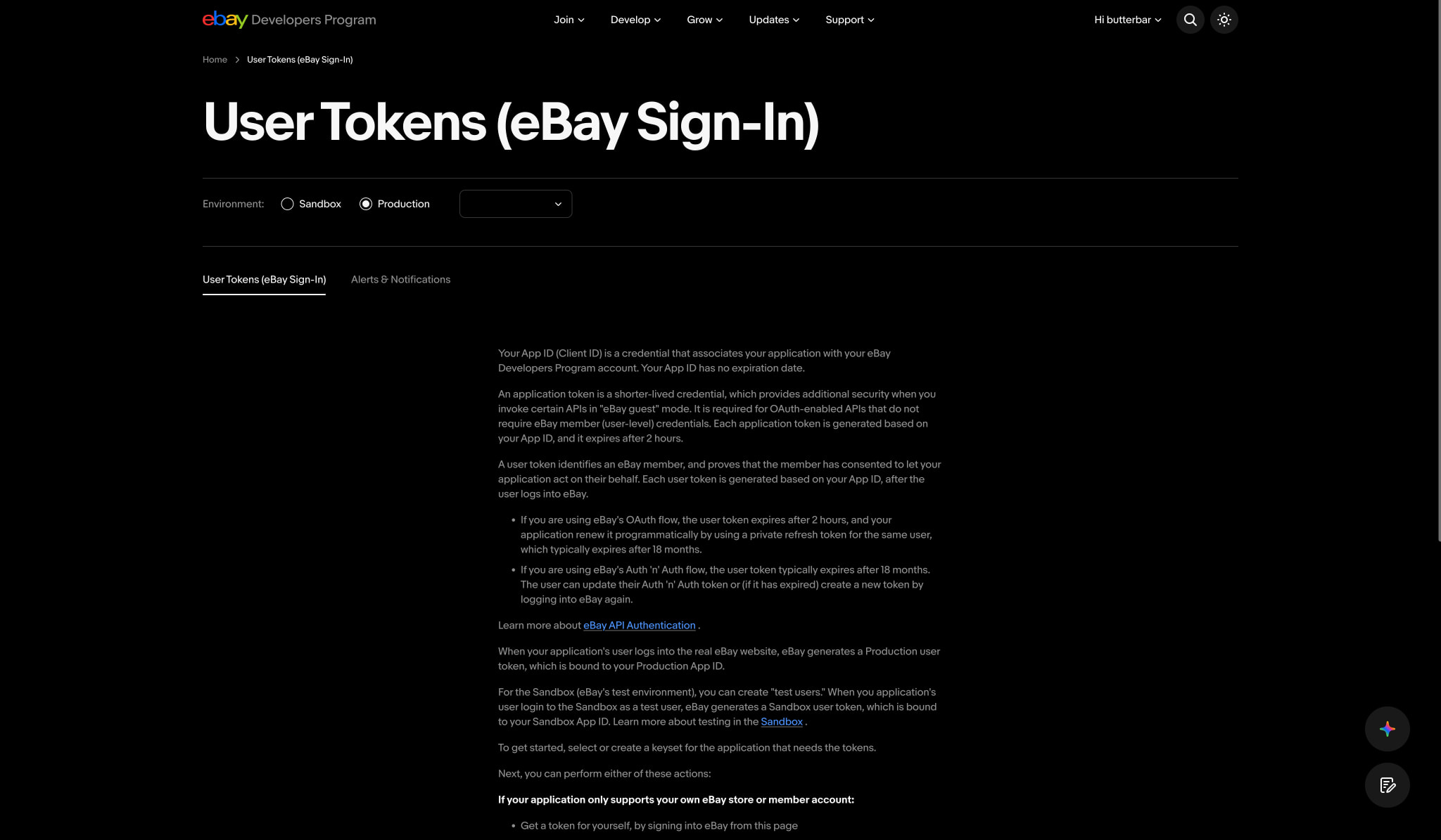 User Tokens (eBay Sign-In) | eBay Developers Program captured website design