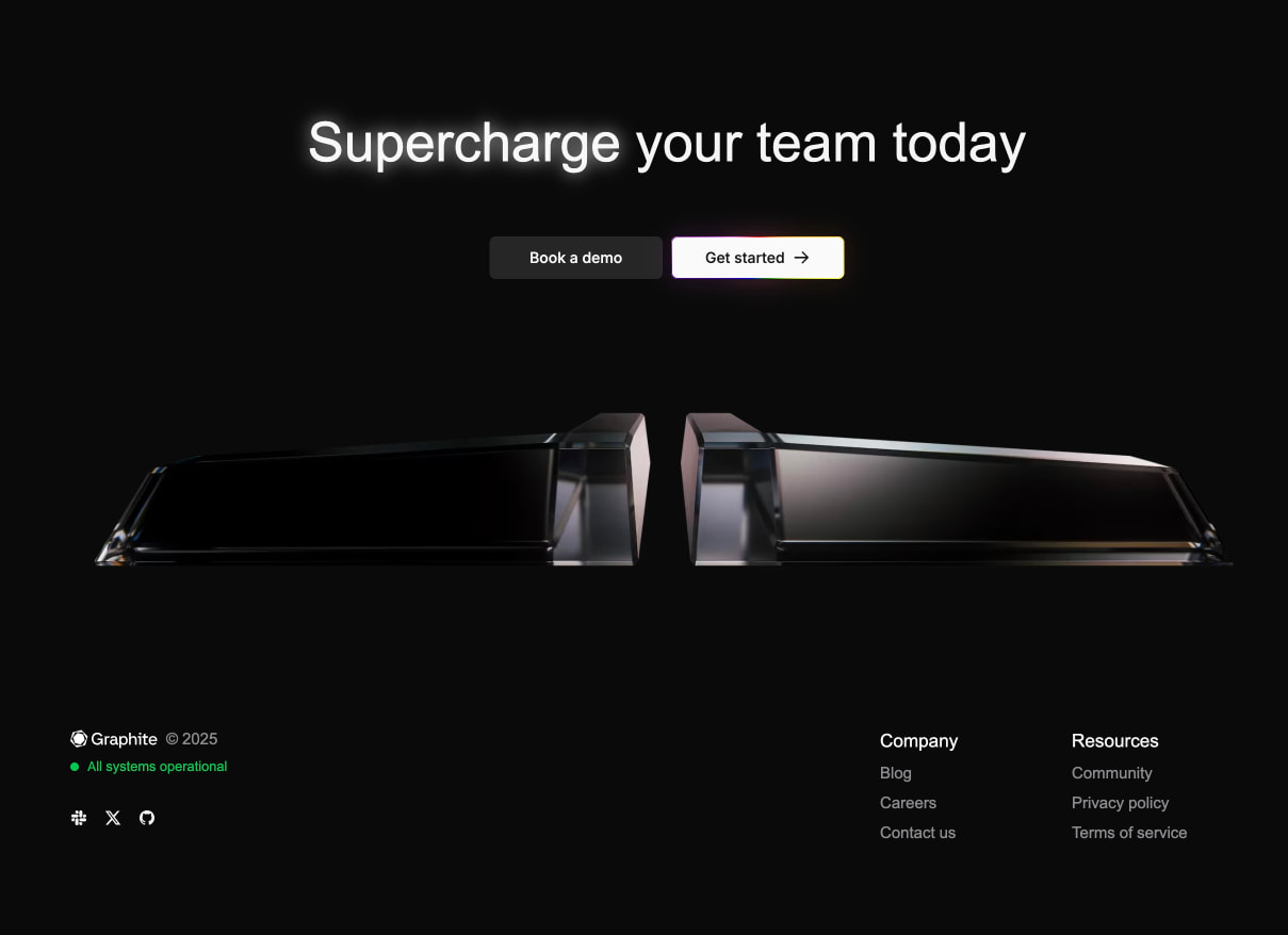 Hero section with glowing headline, two action buttons, and reflective 3D crystal sculpture captured website design