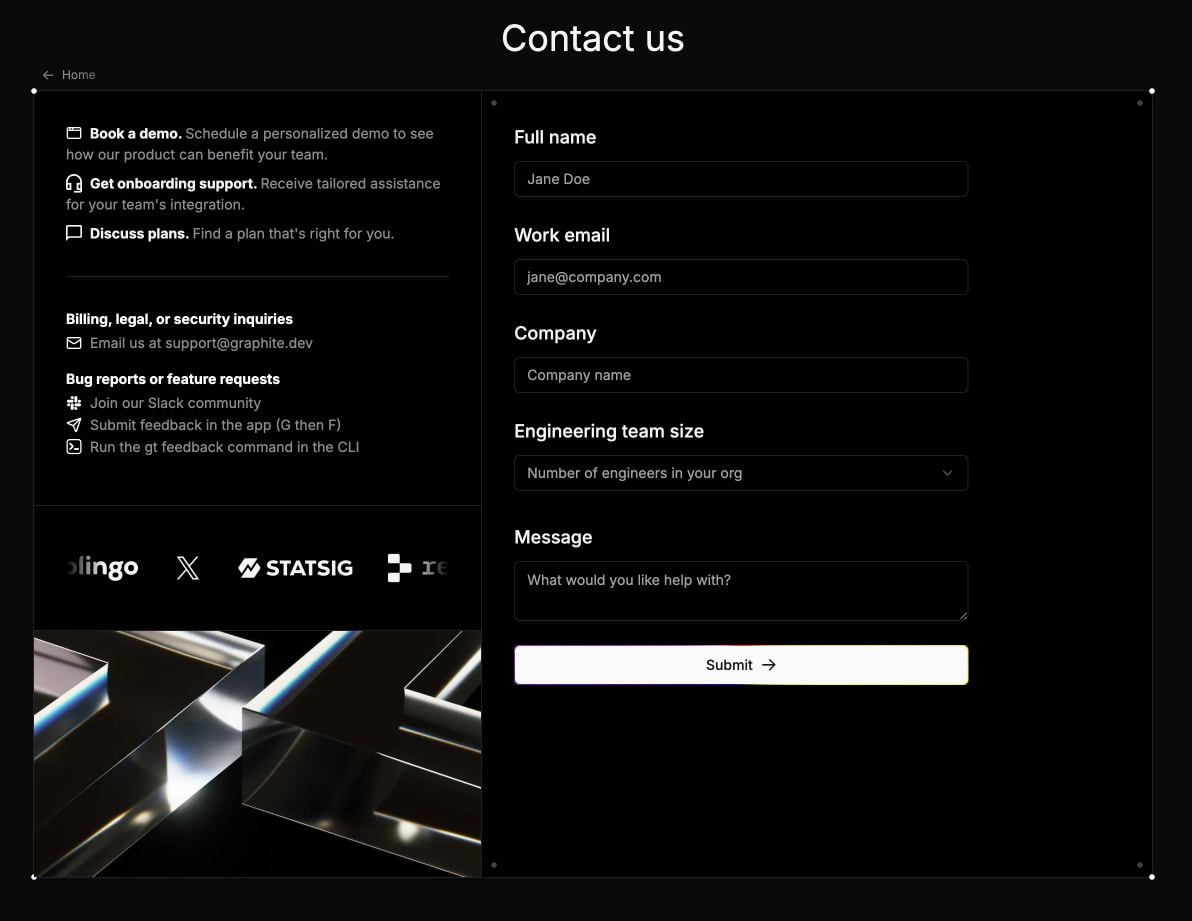 Contact page with split-panel layout, dark form fields, and white submit button with arrow captured website design