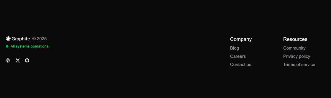 Footer with Graphite branding, green status indicator, and social icons on near-black background captured website design