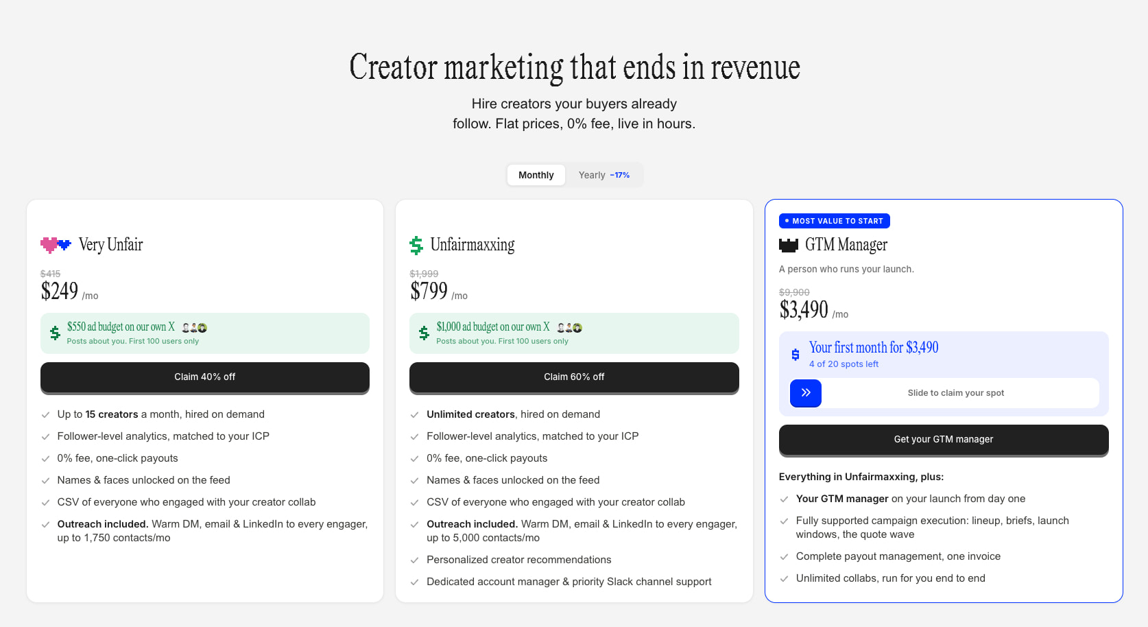unfair.so — 100+ creators. 0% fee. First post today. captured website design