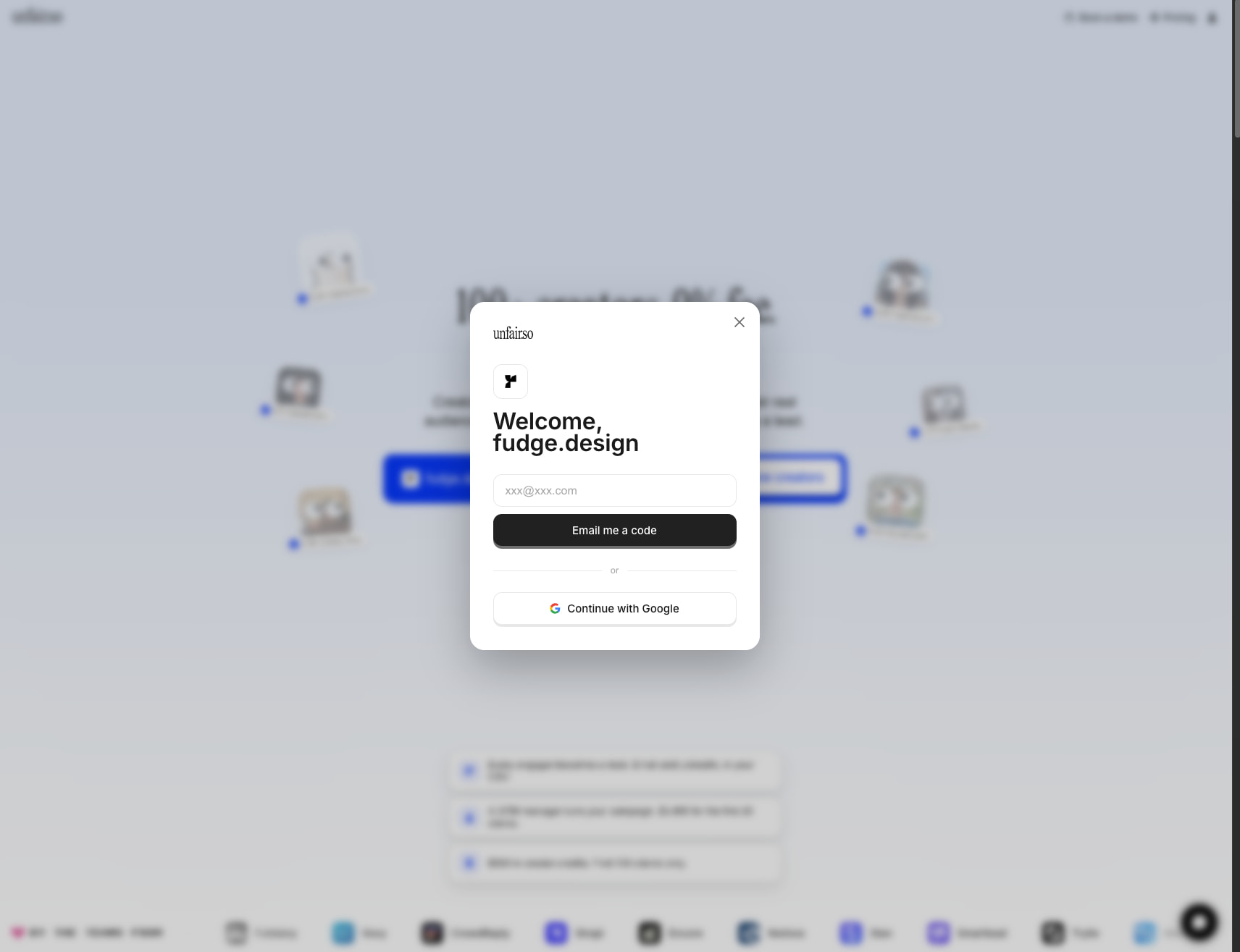 unfair.so — 100+ creators. 0% fee. First post today. captured website design