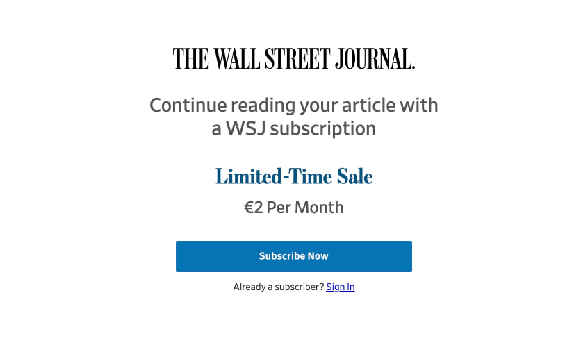Article paywall overlay with centered WSJ logo, blue Limited-Time Sale heading, and blue Subscribe Now button on white captured website design