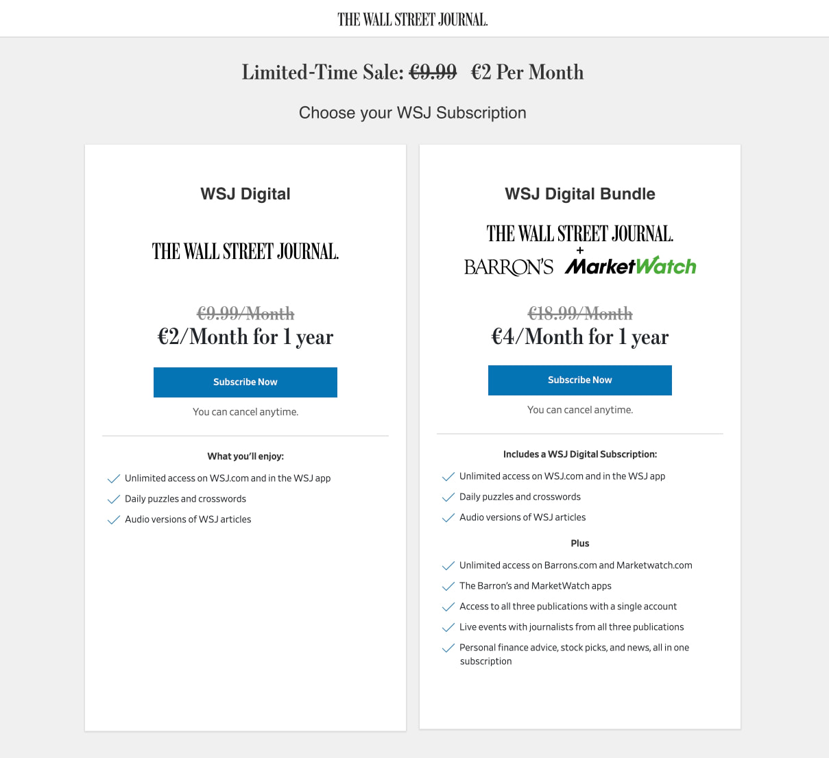 Subscription pricing page with two white cards on light gray background, blue Subscribe Now buttons, and struck-through pricing captured website design