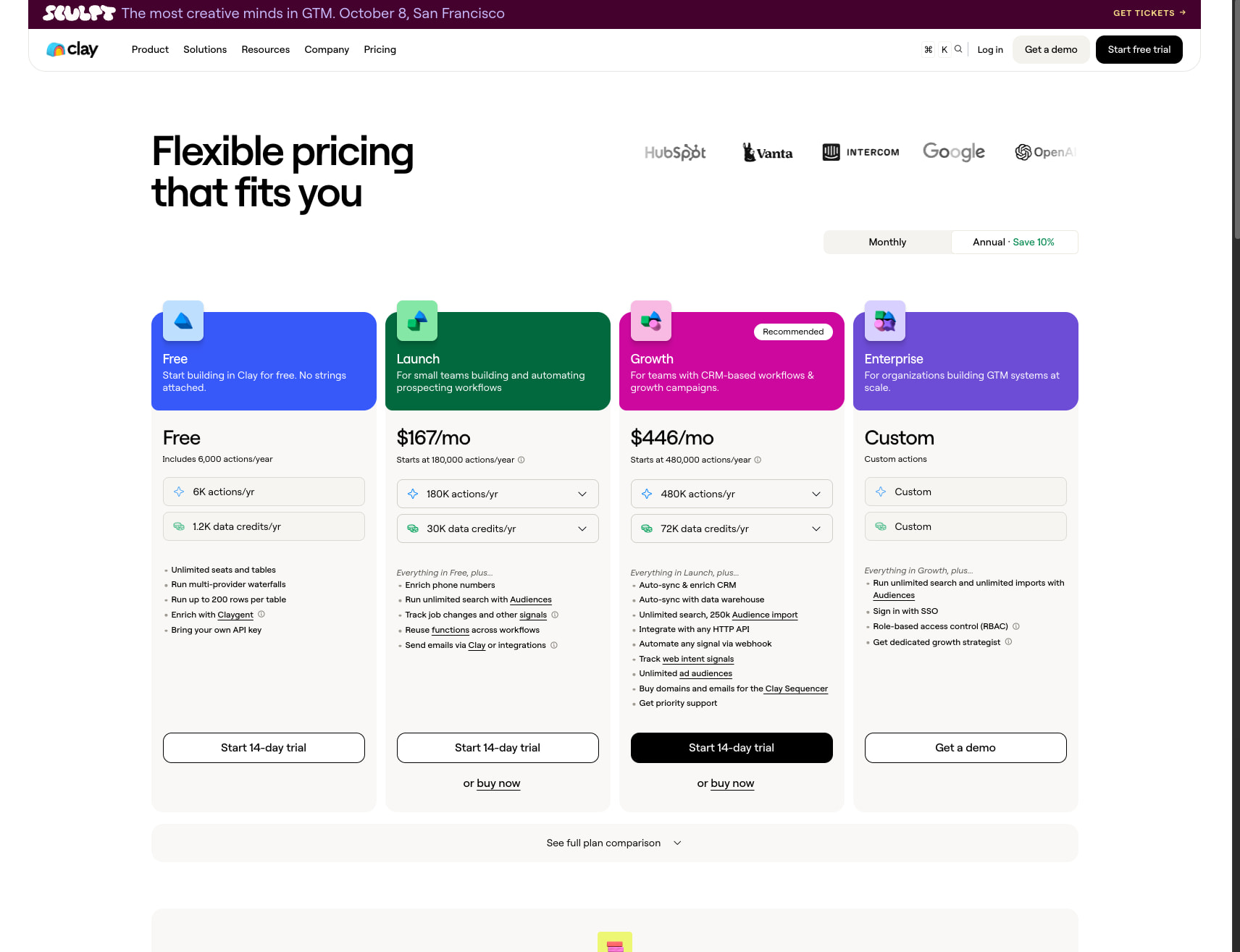 Compare plans, features & costs | Clay.com captured website design