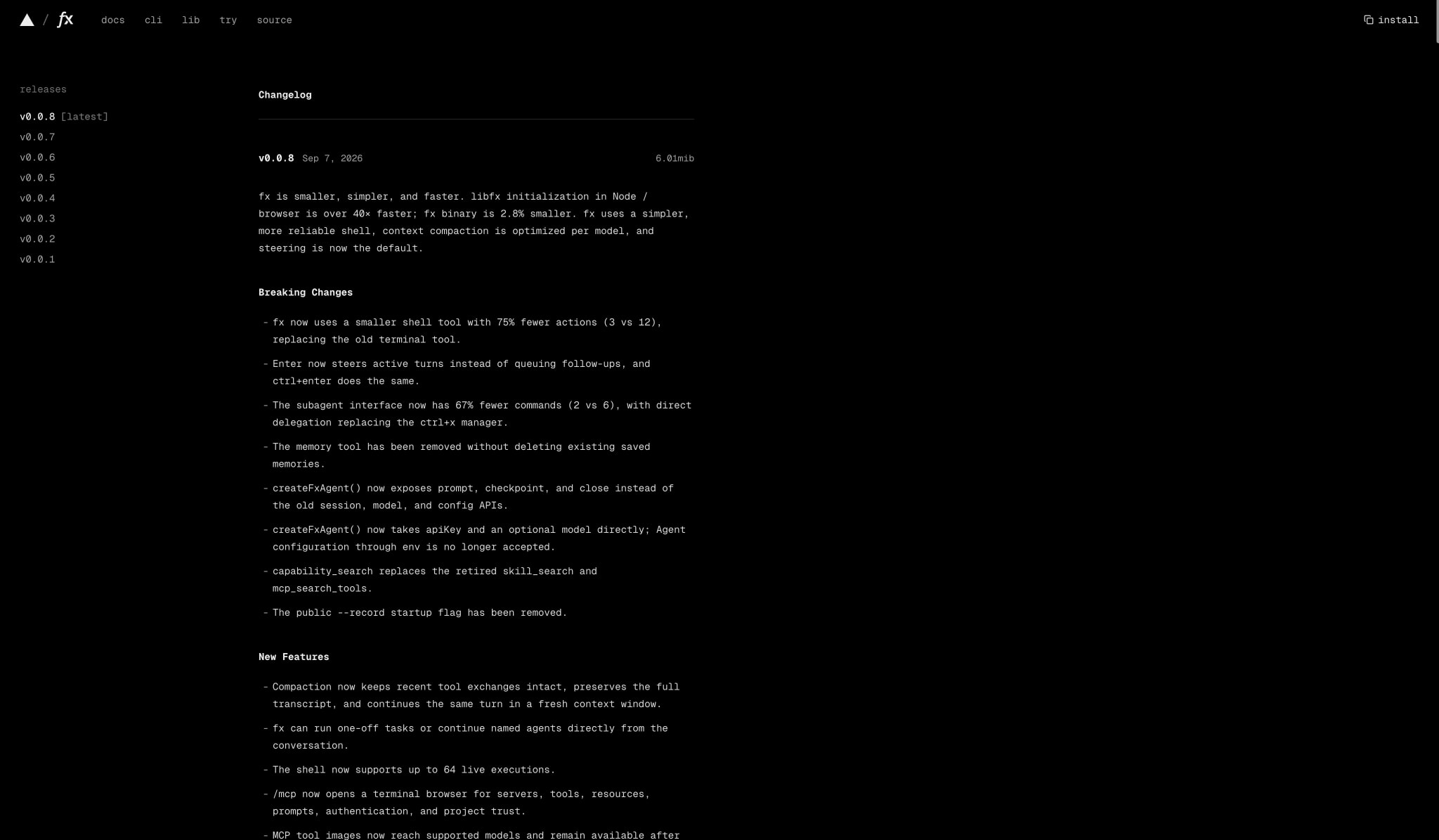 fx changelog captured website design