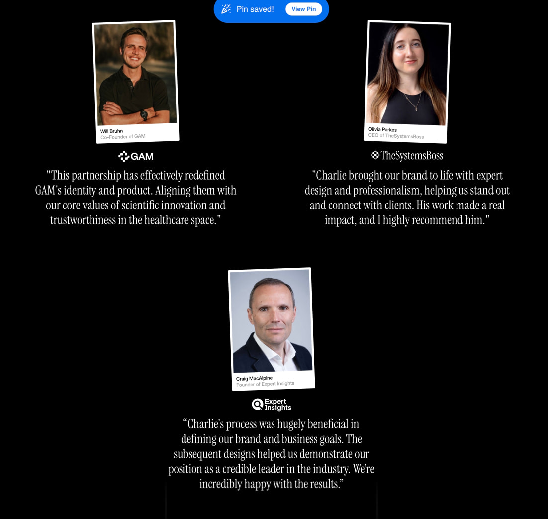 Testimonials grid with portrait photographs, company logos, and italic serif quotation text on black background with thin vertical dividers captured website design
