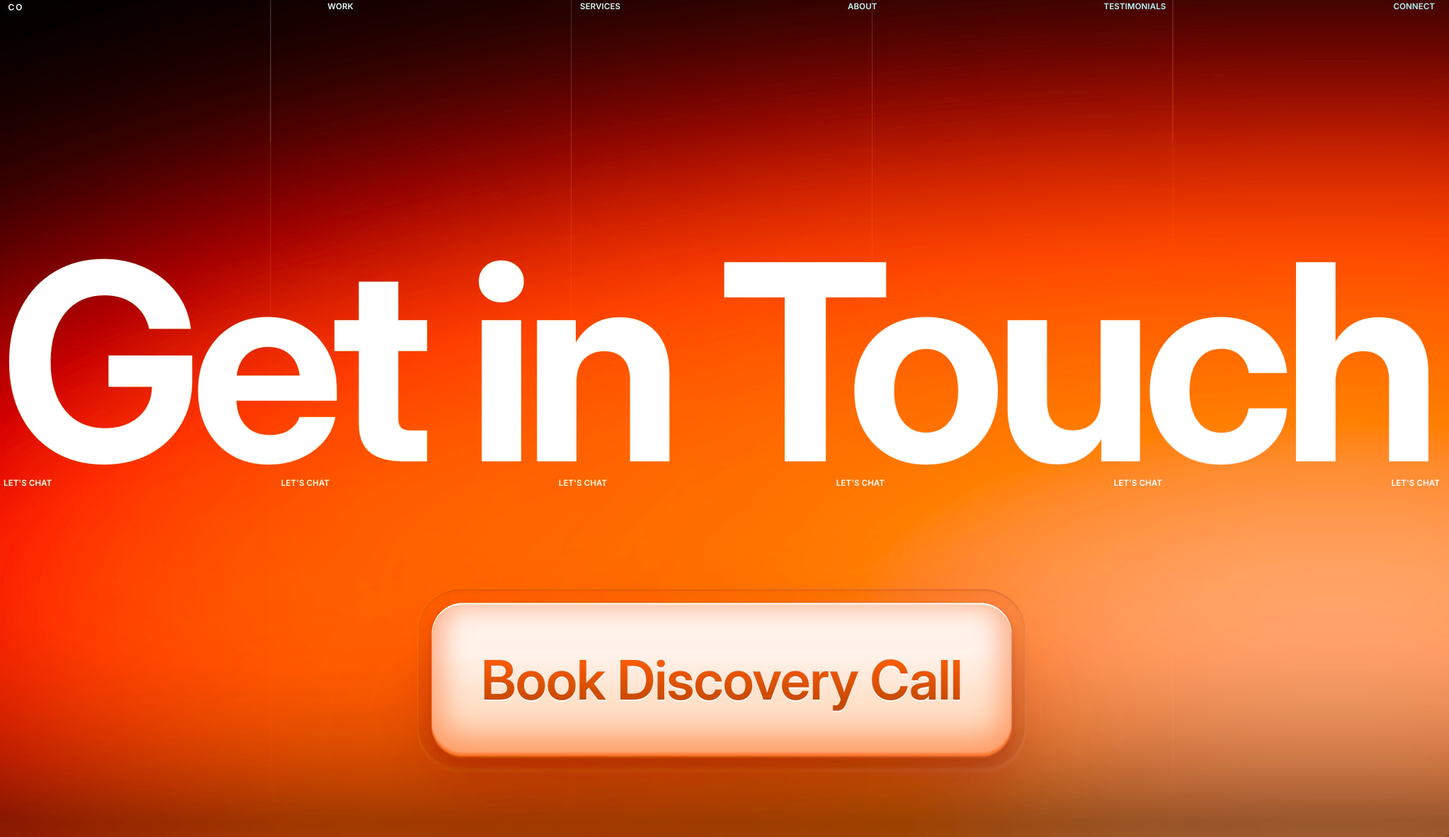 Hero section with massive white 'Get in Touch' display type, horizontal navigation bar, and repeated 'LET'S CHAT' labels over fiery orange-red gradient captured website design