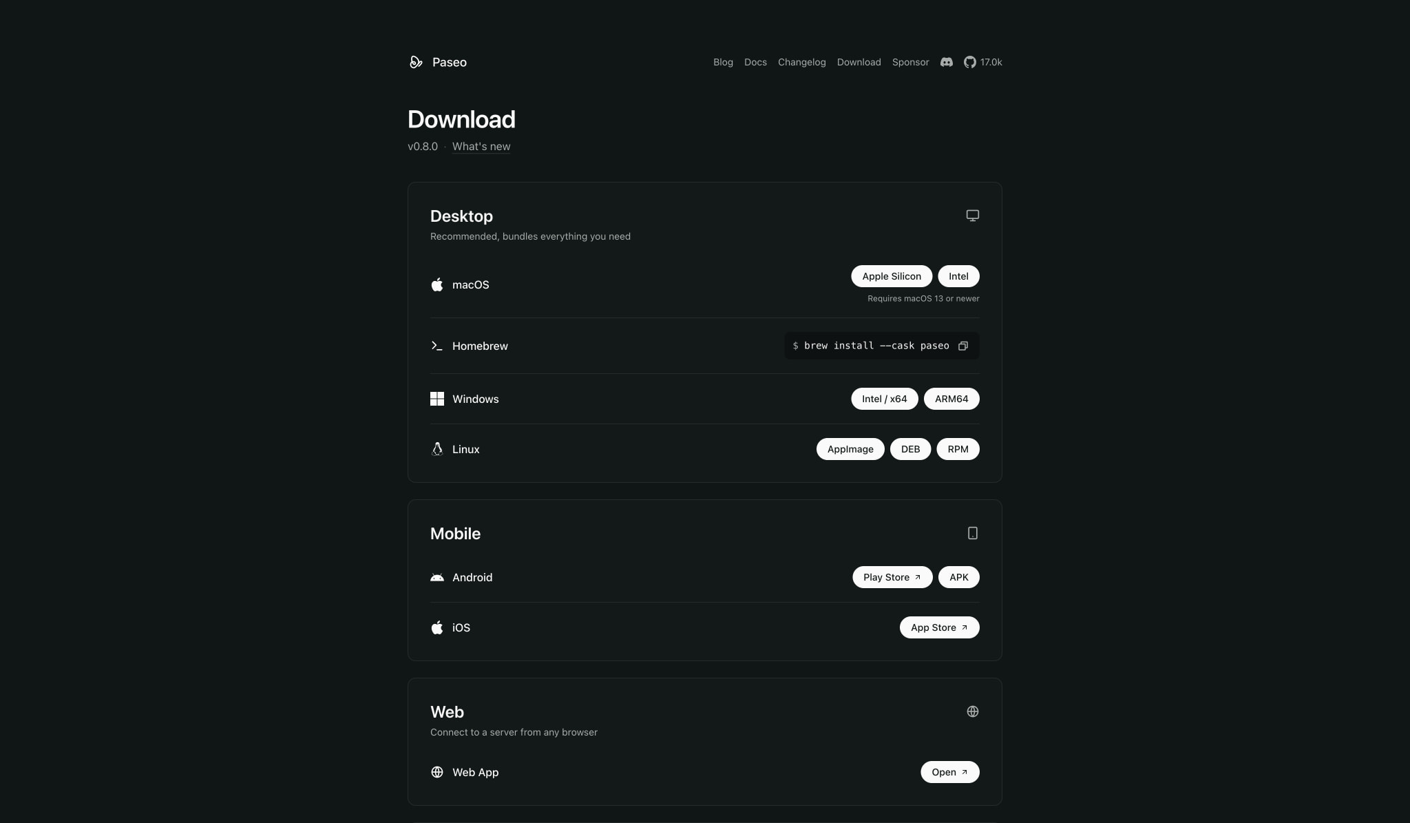 Download Paseo for macOS, Windows, Linux, iOS, and Android captured website design