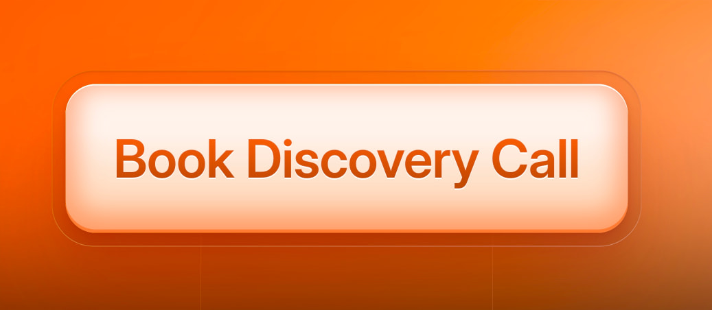 Glossy rounded rectangular 'Book Discovery Call' button with orange text on warm cream surface against vibrant orange gradient background captured website design