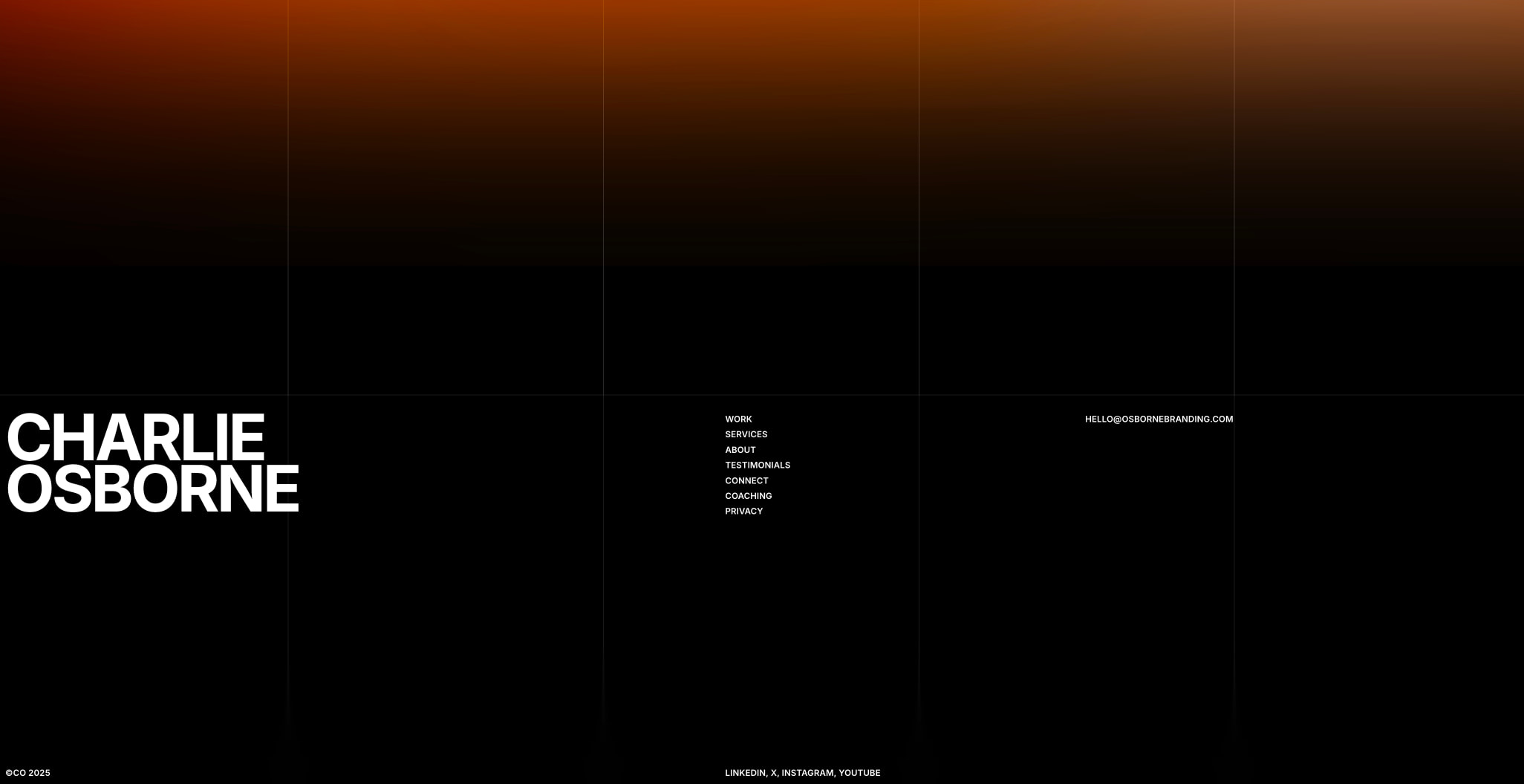 Dark footer with large white 'CHARLIE OSBORNE' wordmark, vertical navigation links, and subtle grid lines on black background with orange gradient top edge captured website design