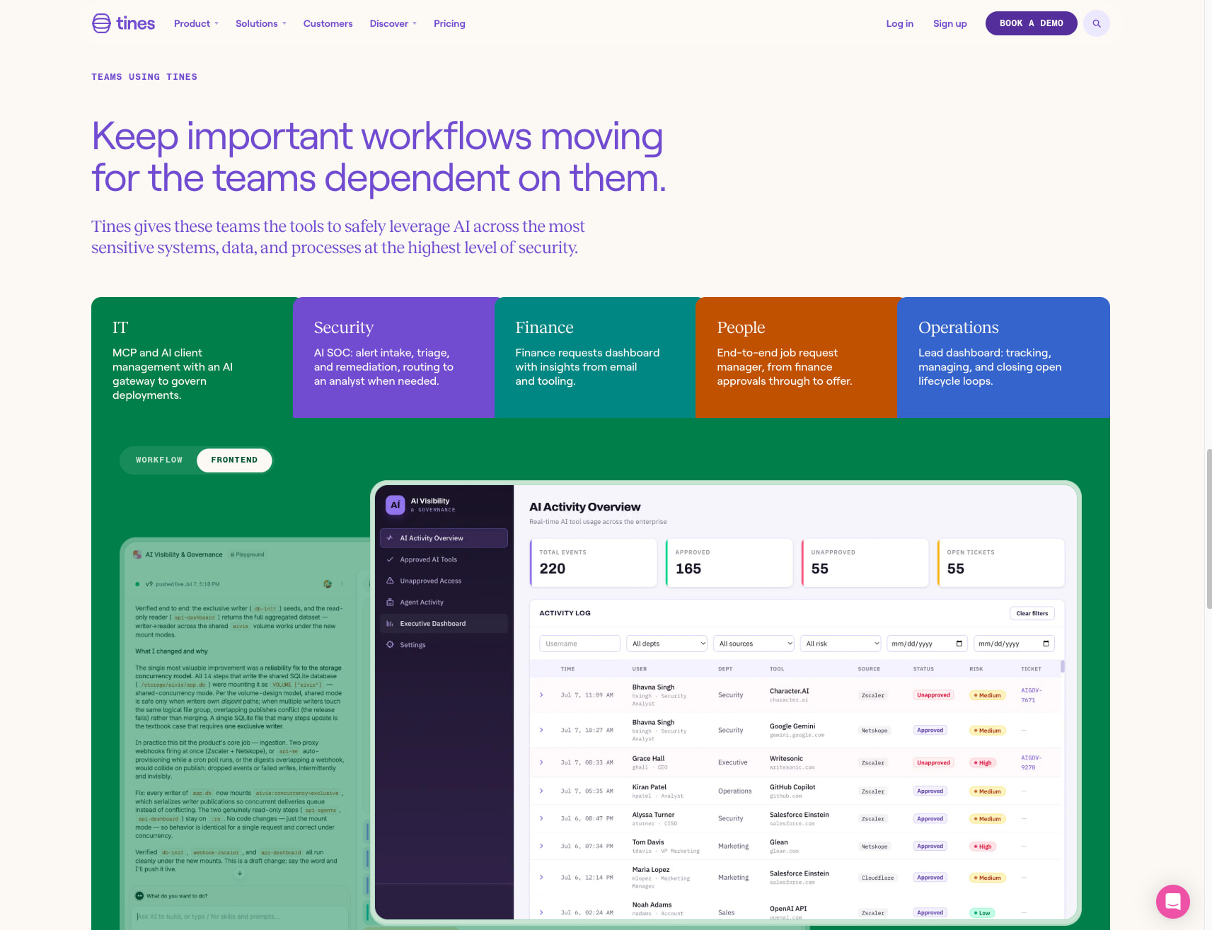 Tines | The secure environment for AI agents, apps and automation captured website design