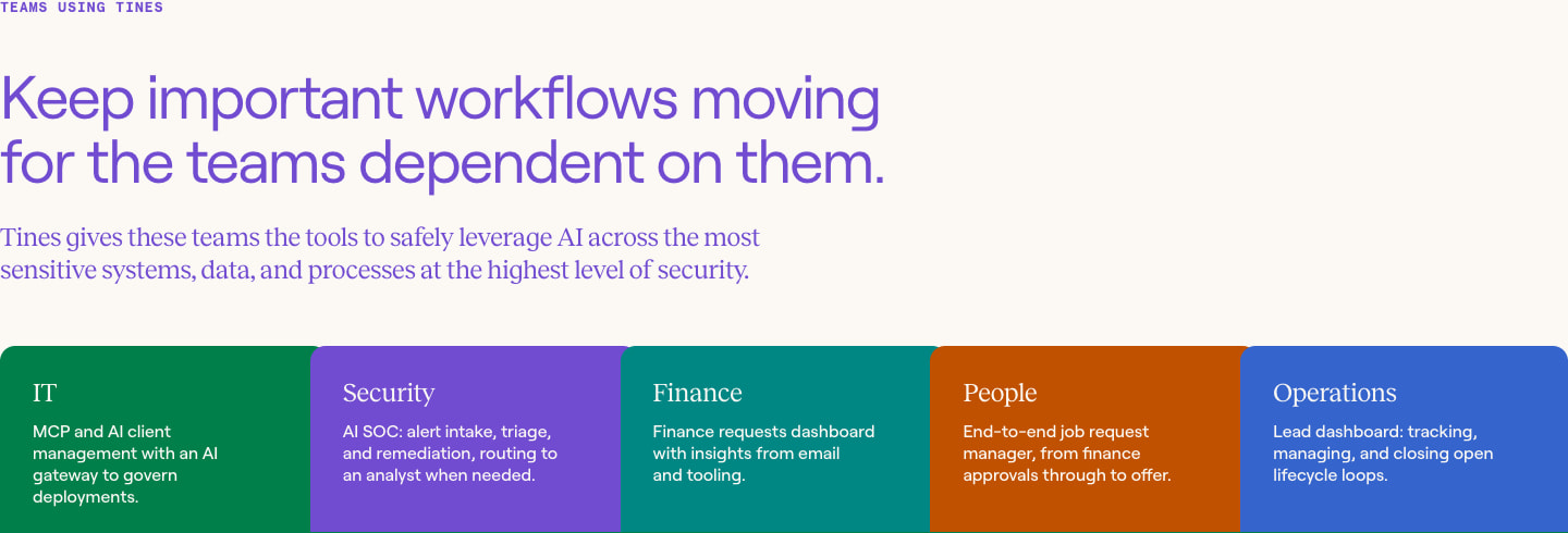 Tines | The secure environment for AI agents, apps and automation captured website design