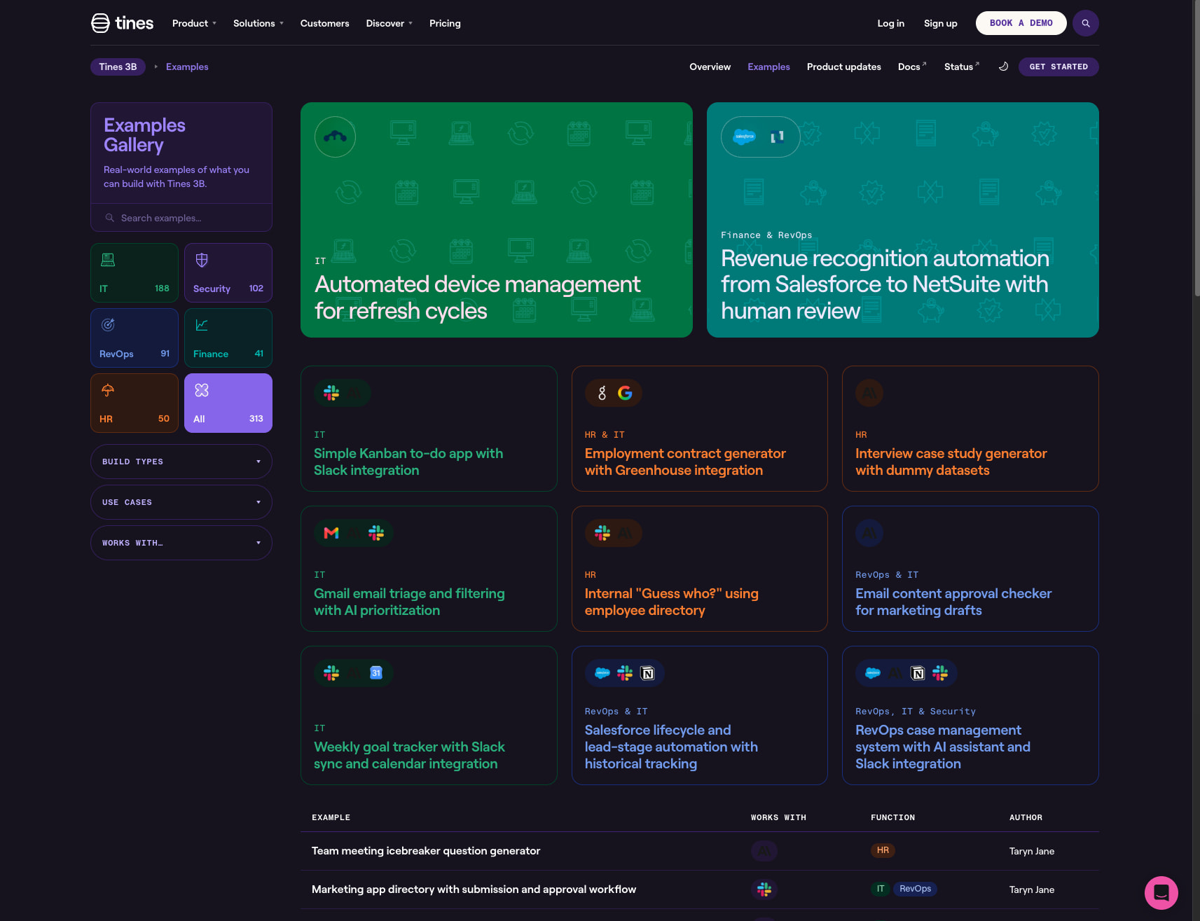 Tines 3B examples | Tines captured website design