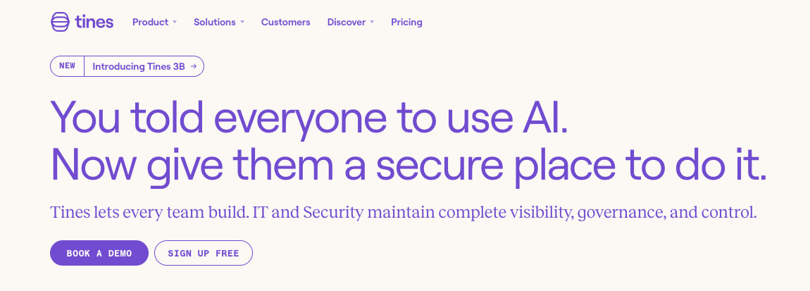 Tines | The secure environment for AI agents, apps and automation captured website design