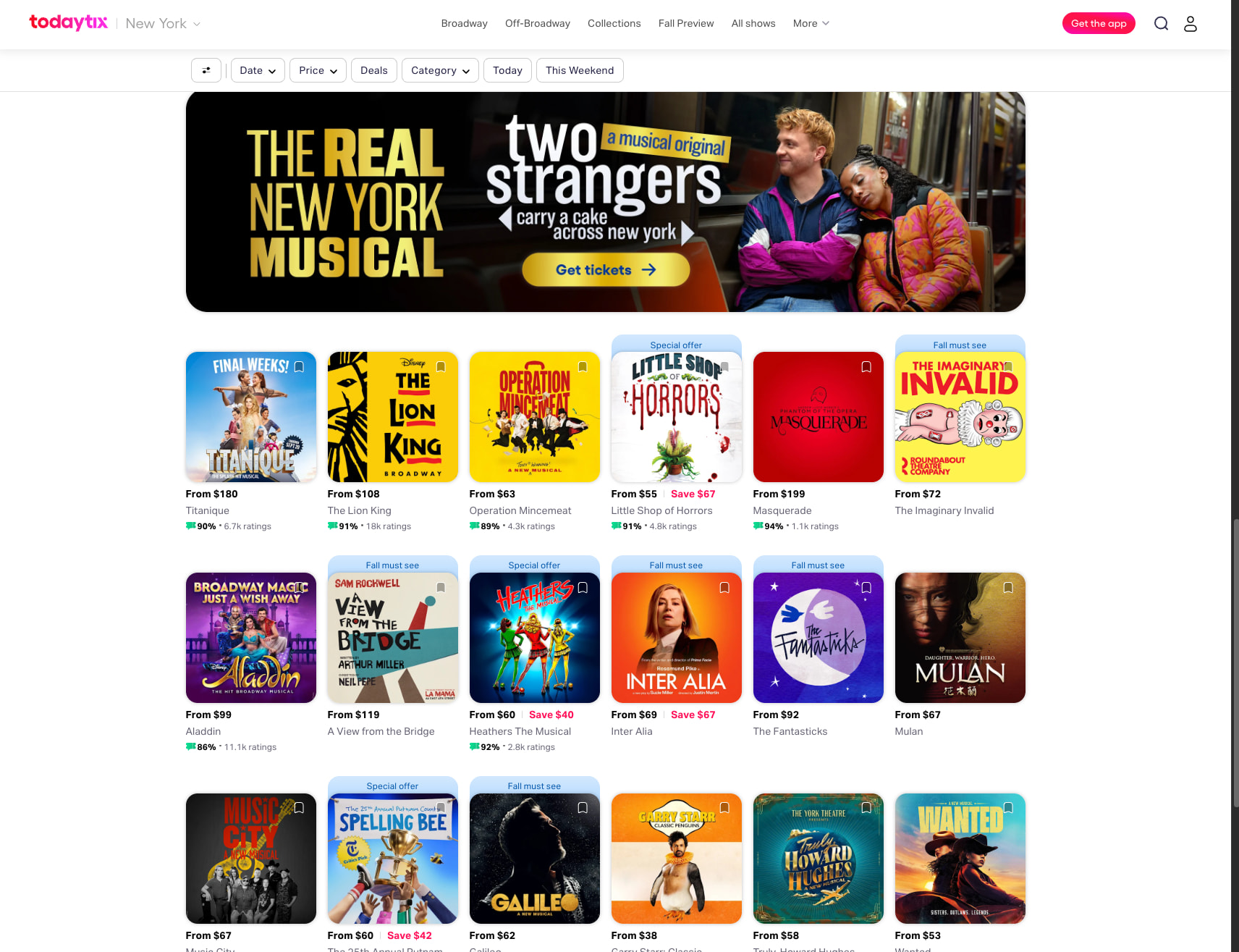 NYC Shows & Tickets — Broadway, Off-Broadway & More | TodayTix captured website design