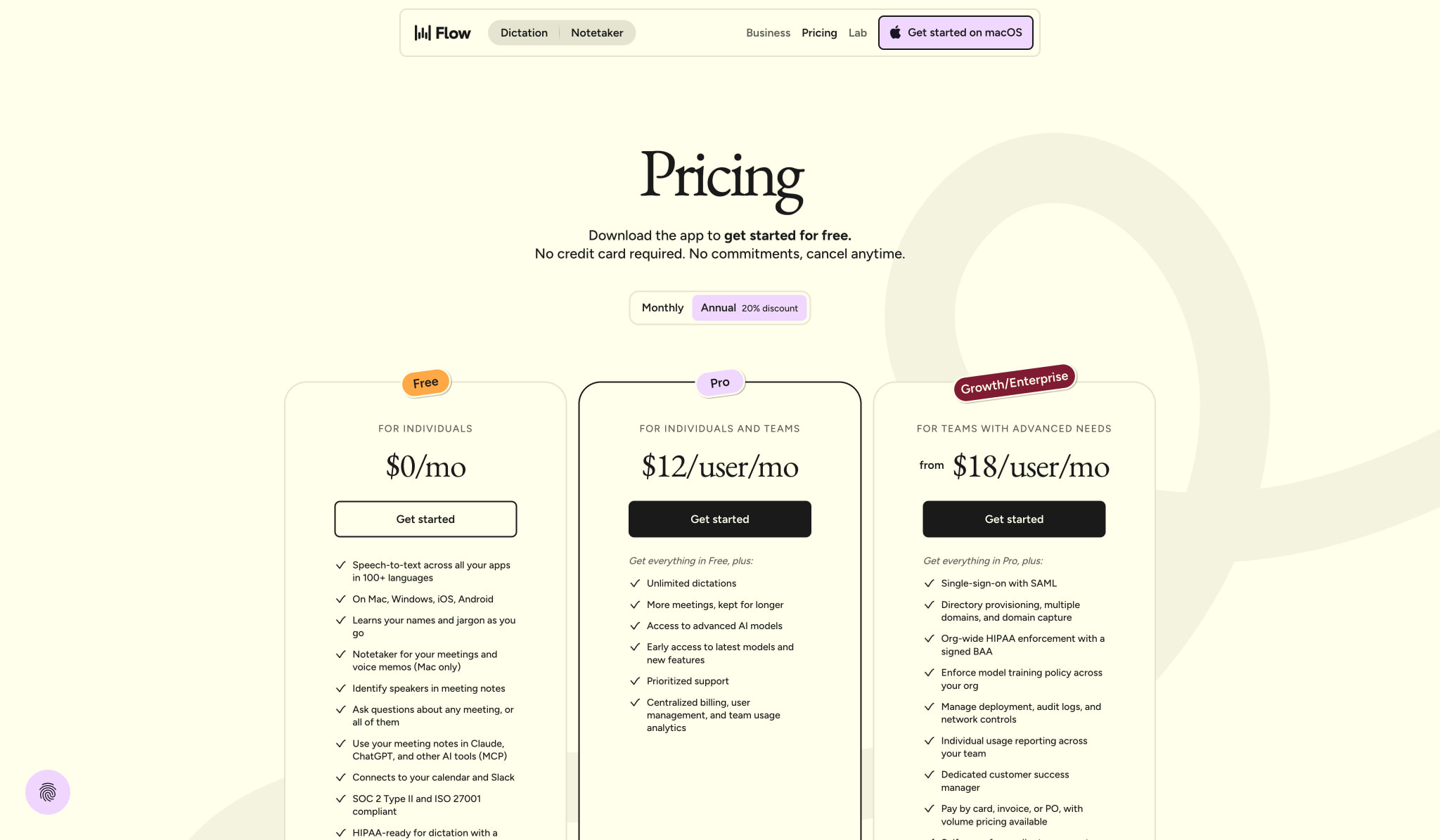 Pricing | Wispr Flow captured website design