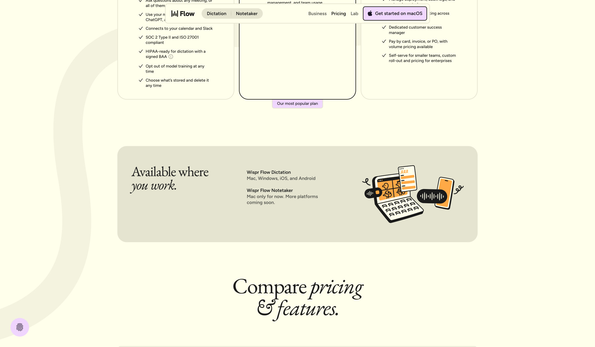 Pricing | Wispr Flow captured website design