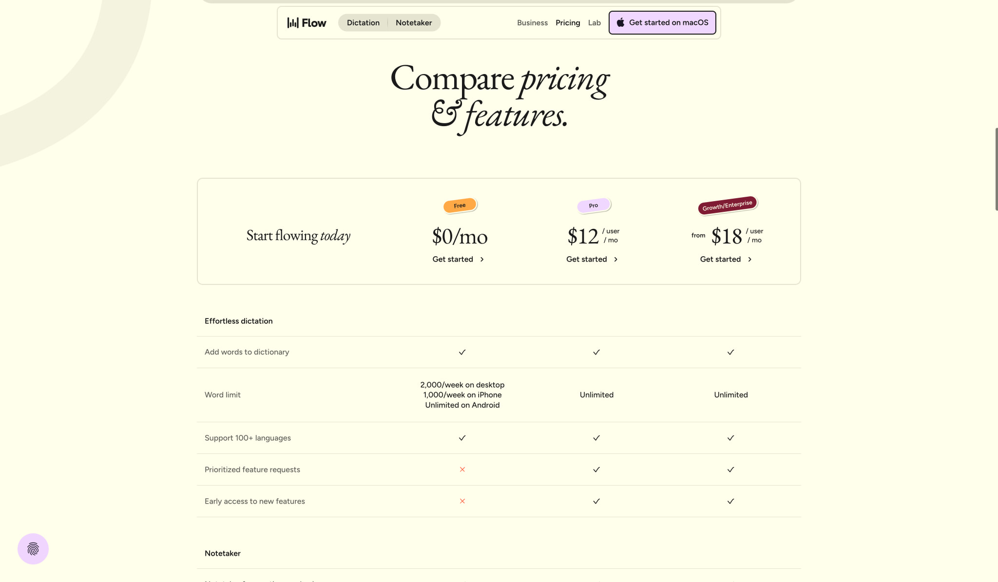 Pricing | Wispr Flow captured website design