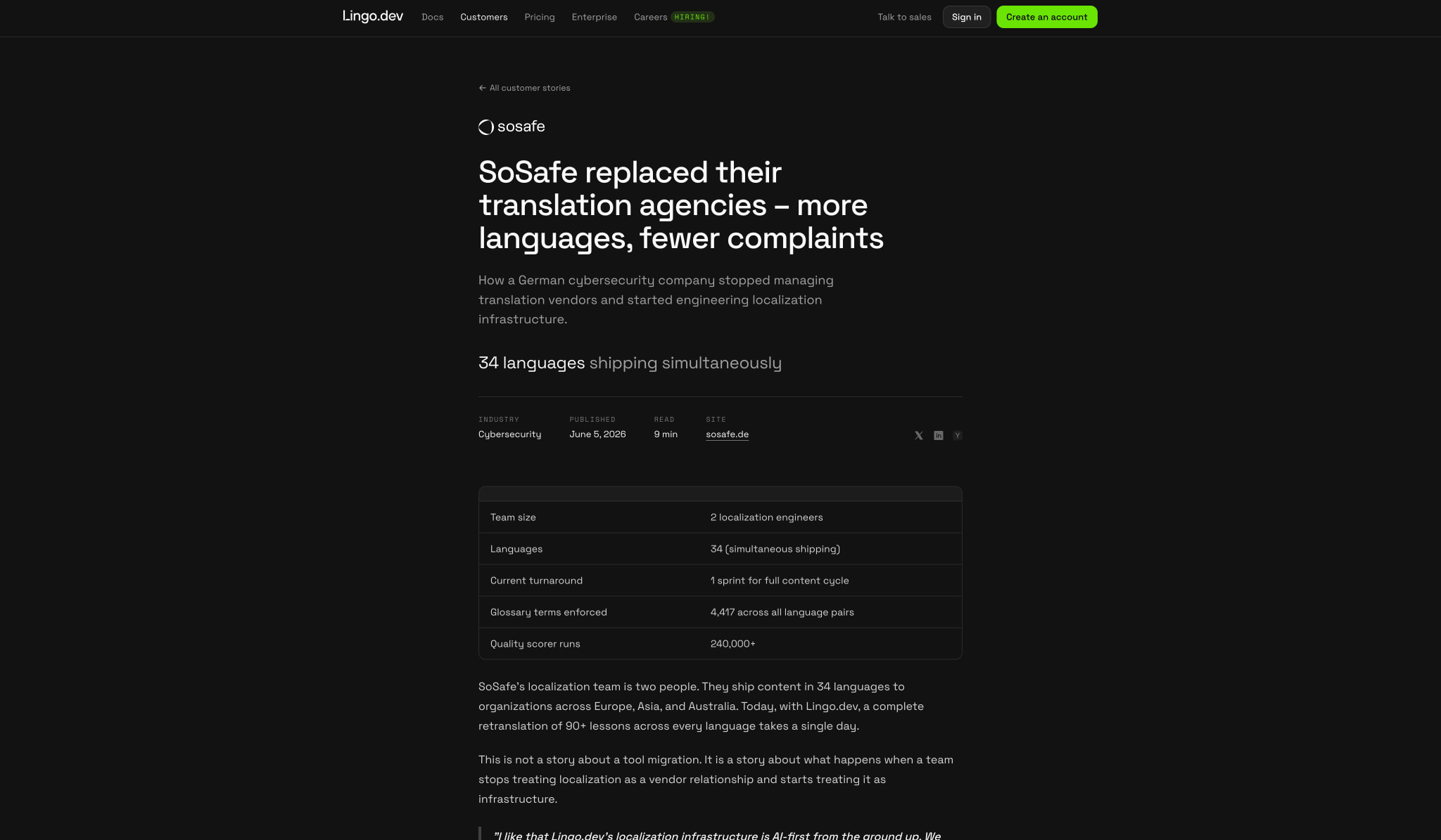 SoSafe replaced their translation agencies – more languages, fewer complaints - Lingo.dev captured website design