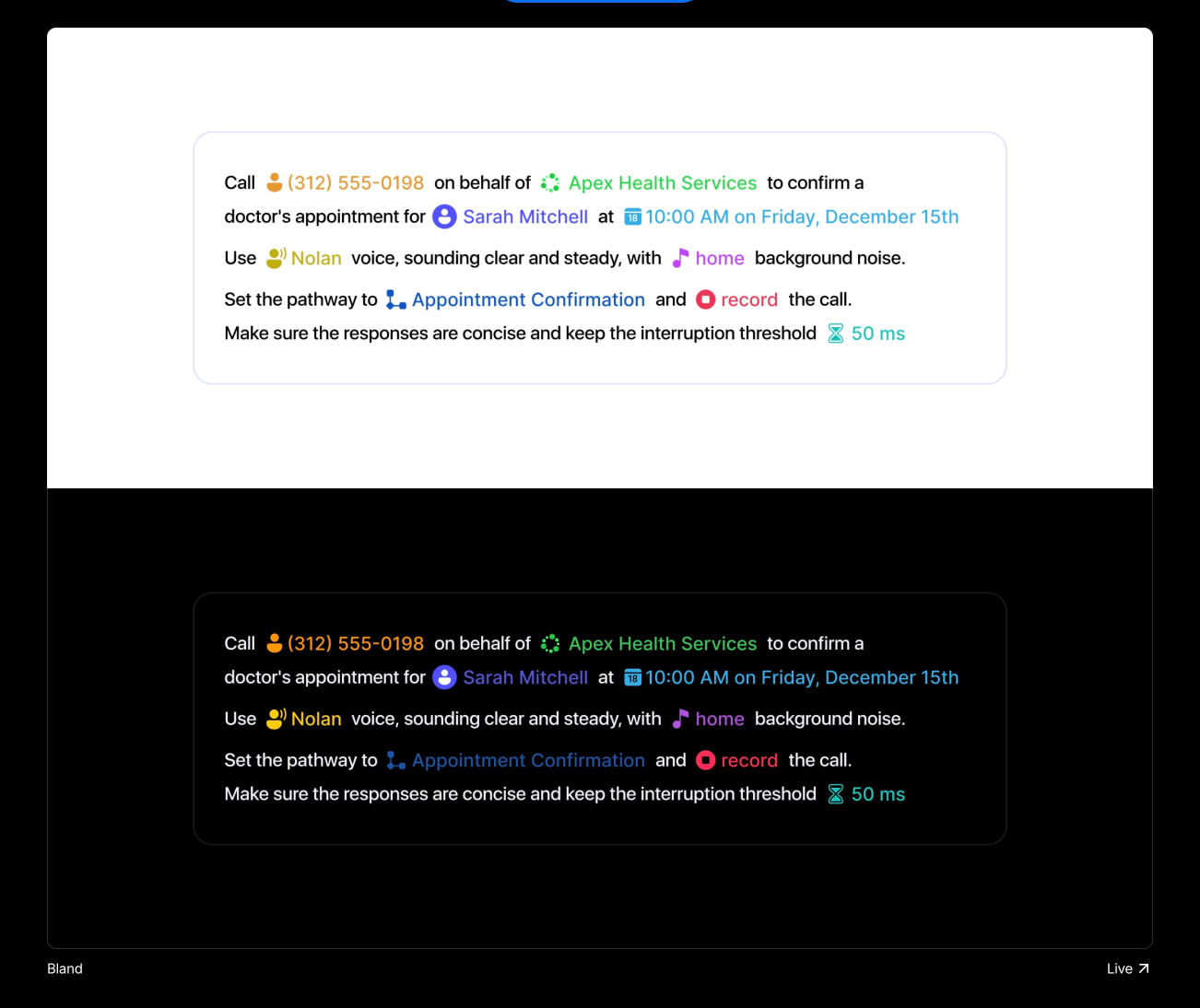 Project showcase displaying light and dark mode UI cards for Bland, with colorful inline icons and a live project link. captured website design