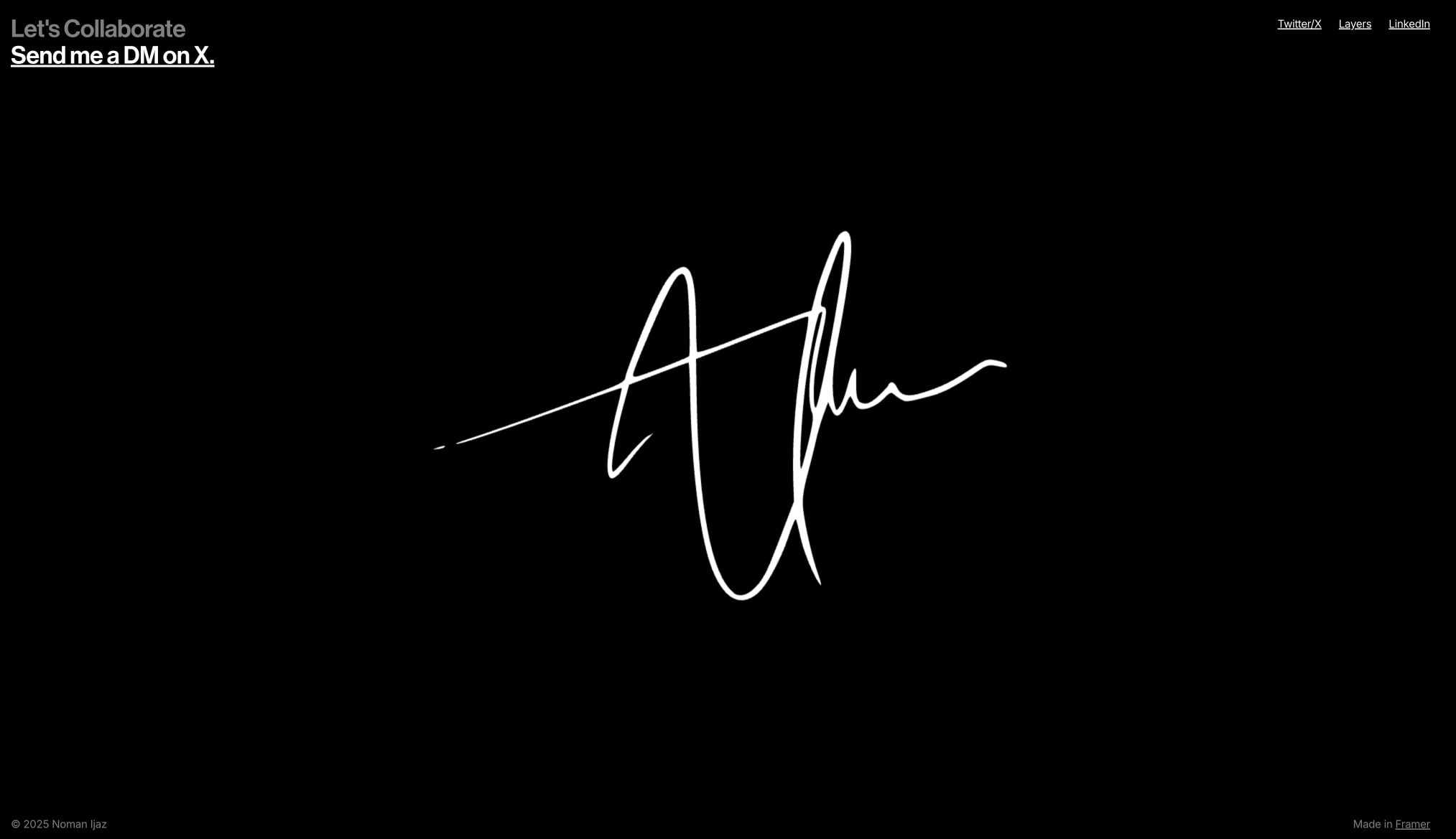 Footer section with a large white signature mark centered on black, featuring a collaboration CTA and social links in the corners. captured website design
